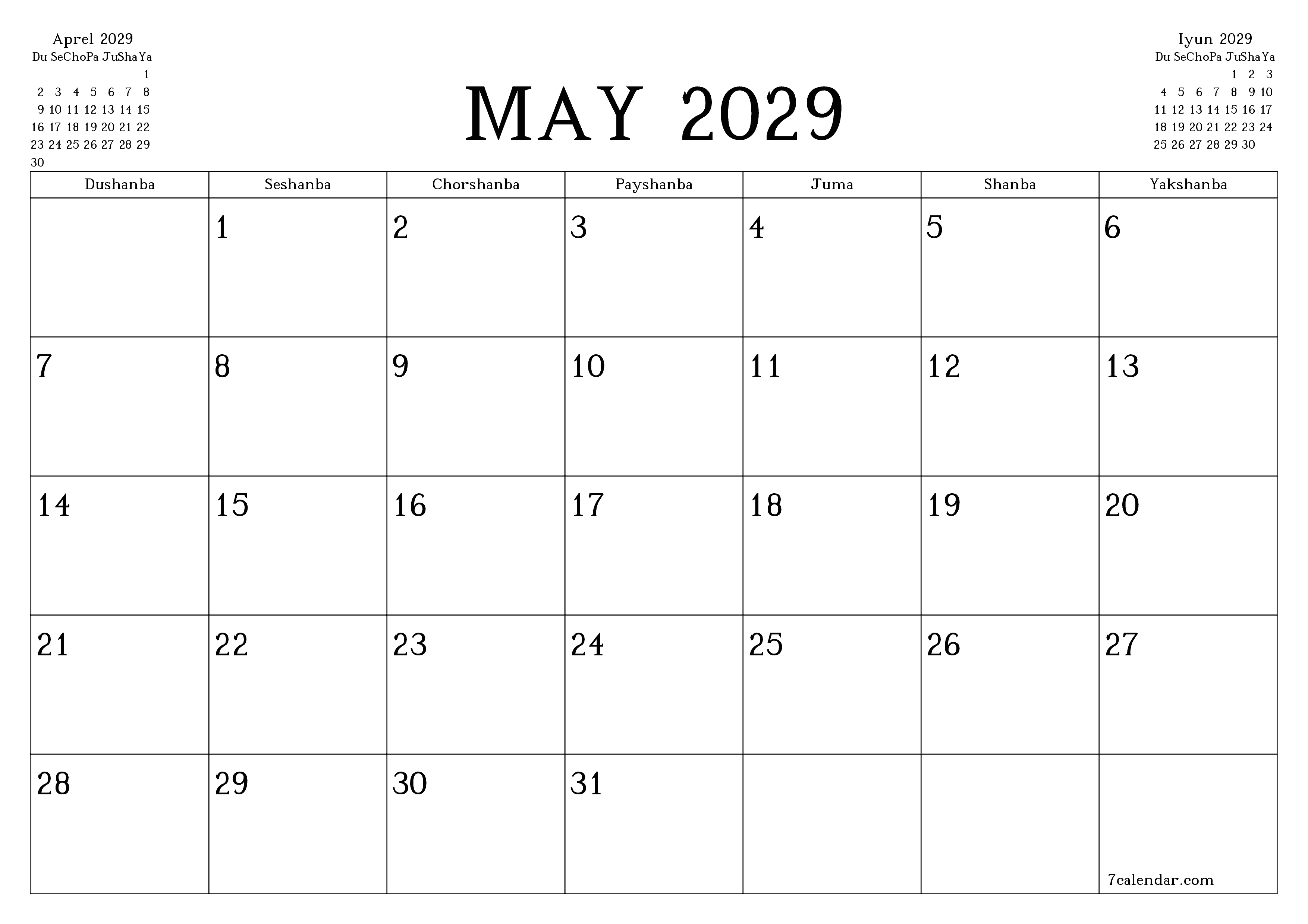 May 2029 oylik oylik rejalashtiruvchini yozuvlar bilan bo'shatish, saqlash va PDF-ga chop etish PNG Uzbek