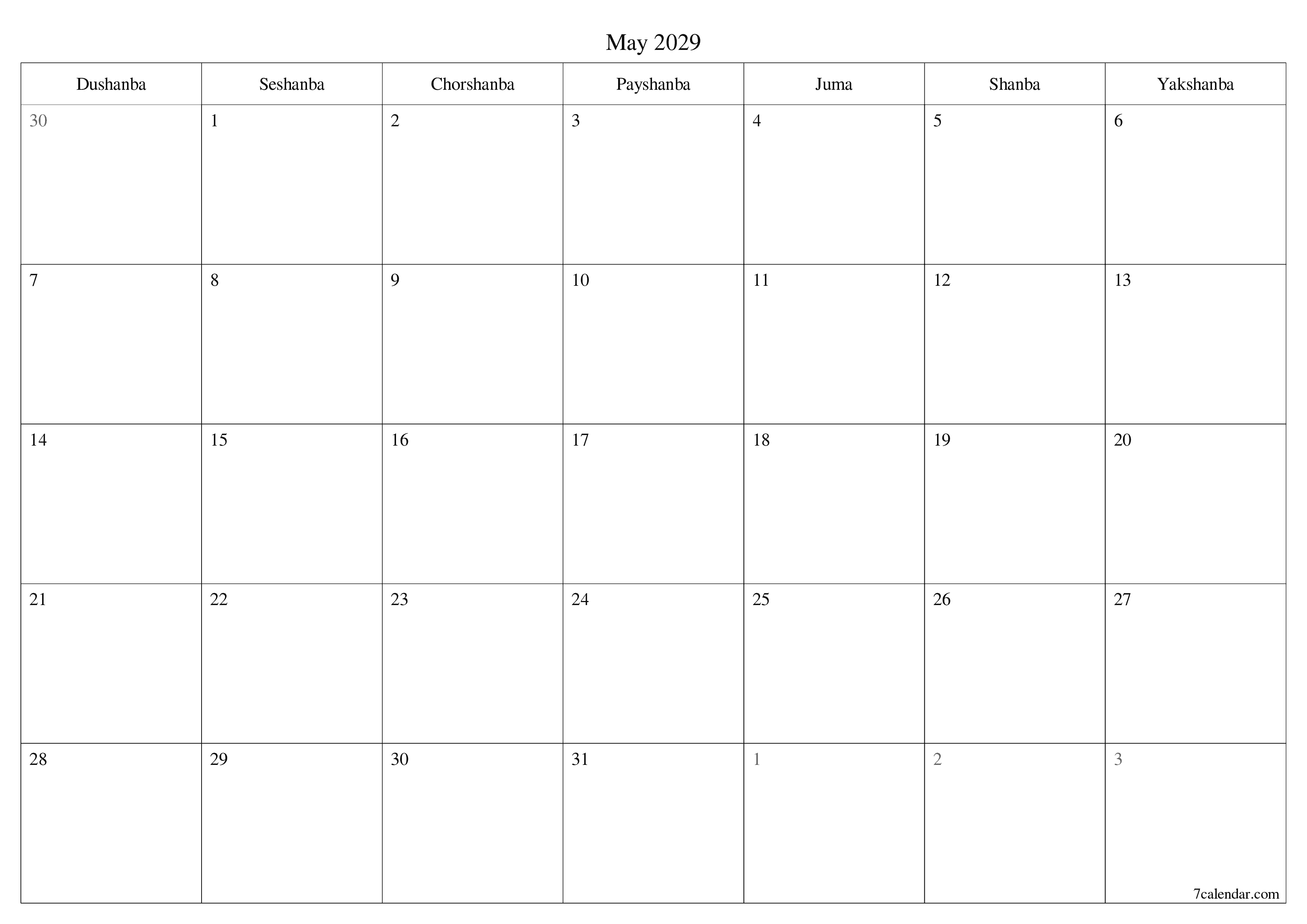 May 2029 oylik oylik rejalashtiruvchini yozuvlar bilan bo'shatish, saqlash va PDF-ga chop etish PNG Uzbek