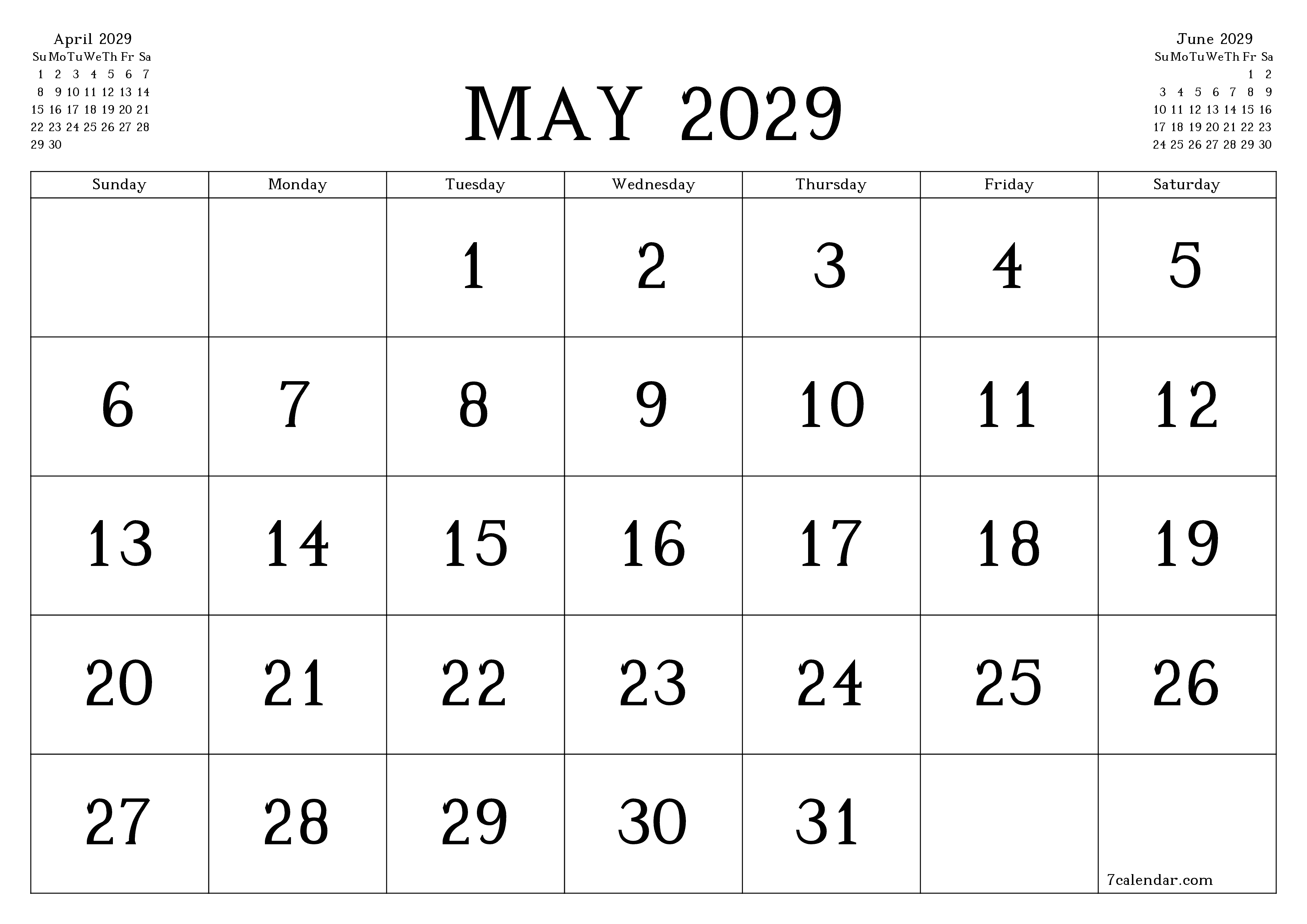 Blank calendar May 2029