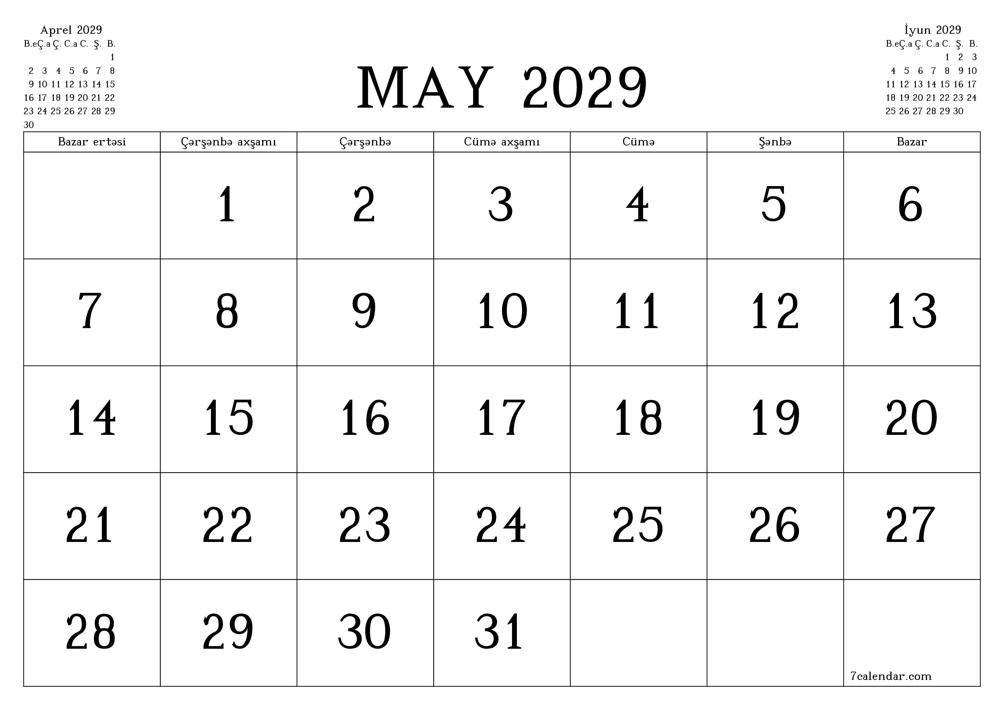 May 2029 ayı üçün qeydlər ilə boş aylıq planlayıcı, qeyd edin və PDF-ə yazdırın PNG Azerbaijani