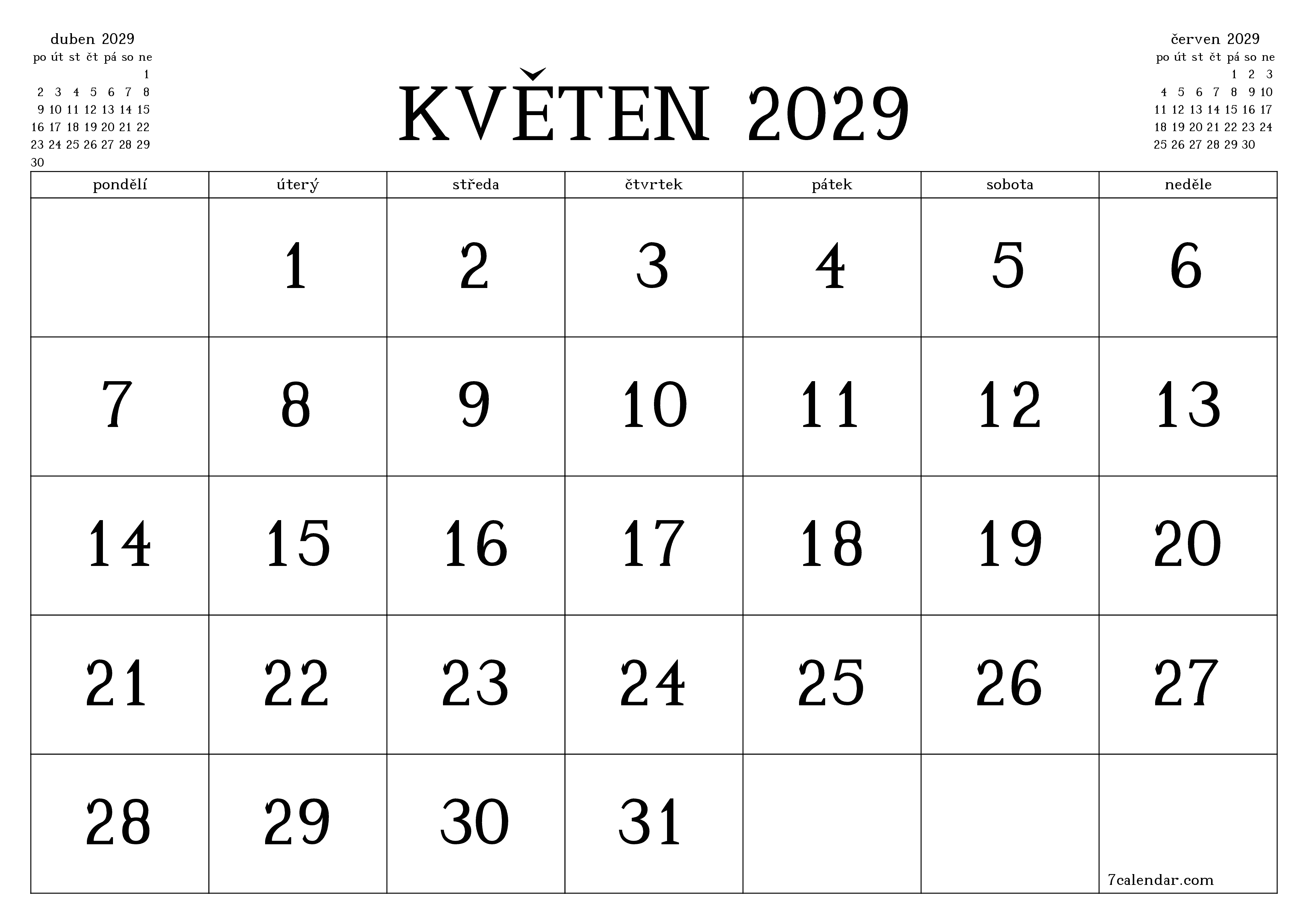 Vyprázdnit měsíční plánovač na měsíc květen 2029 s poznámkami, uložit a vytisknout do PDF PNG Czech