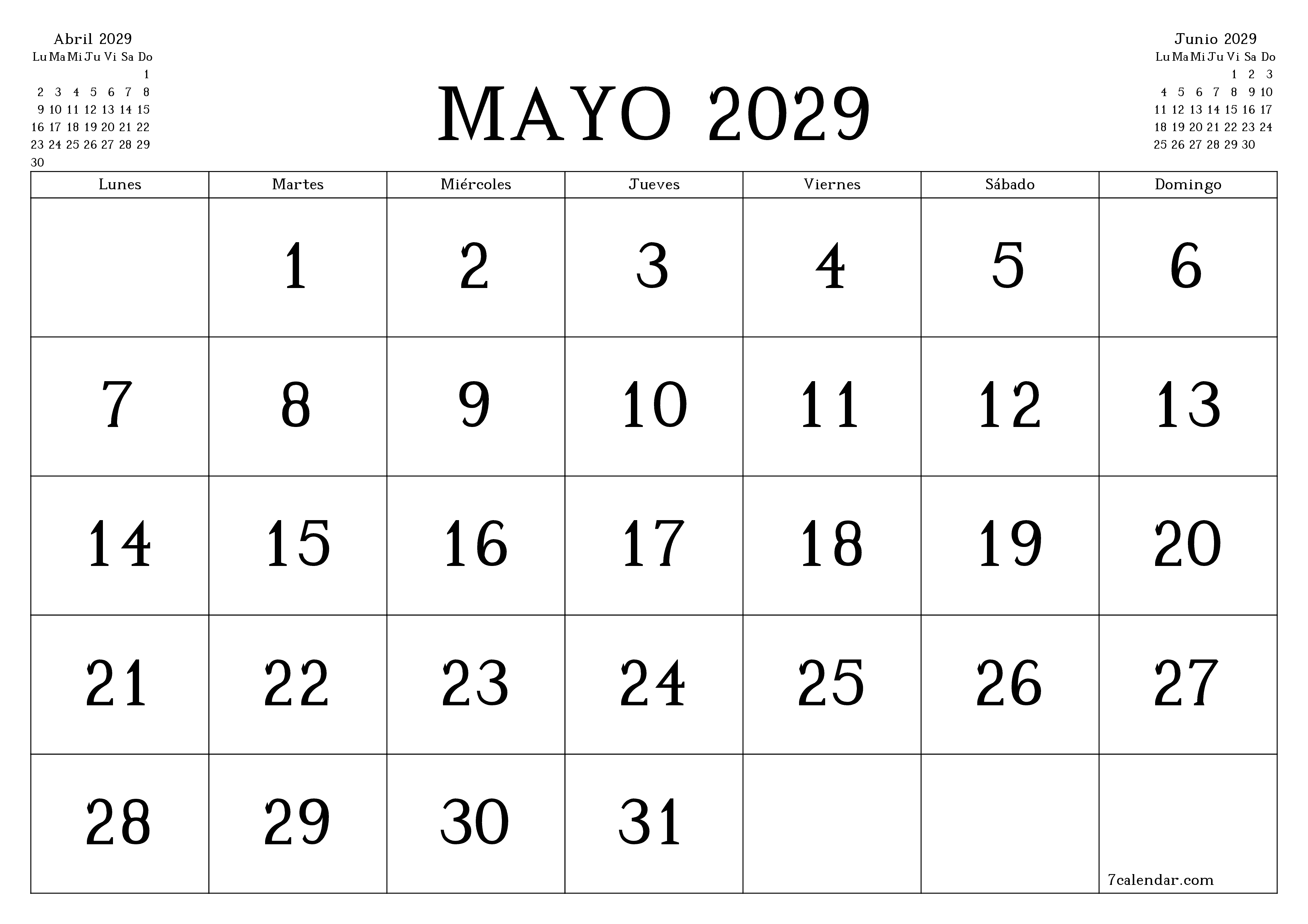Planificador mensual vacío para el mes Mayo 2029 con notas, guardar e imprimir en PDF PNG Spanish