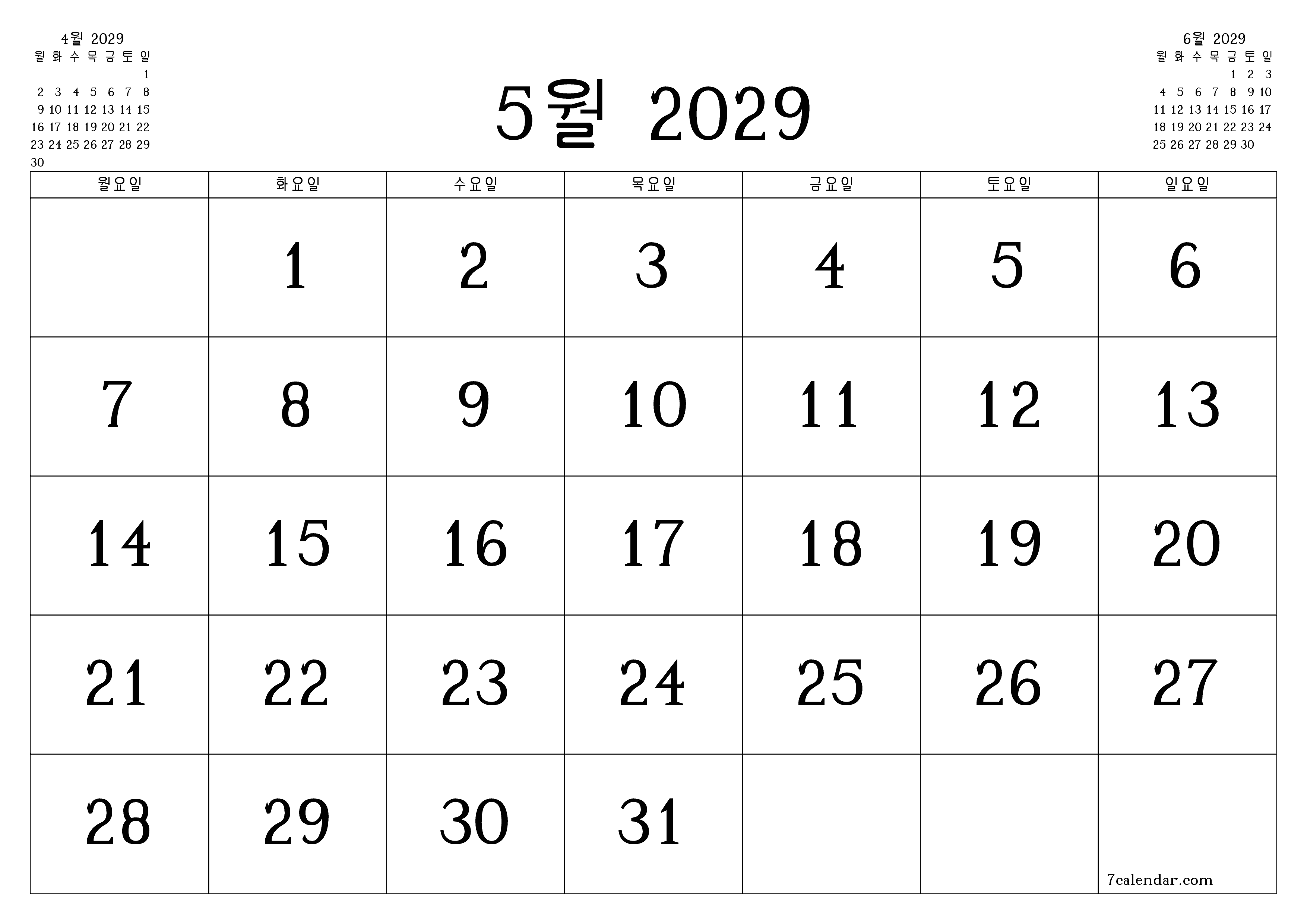 메모가있는 5월 2029 월의 월간 플래너 비우기, PDF PNG Korean-7calendar.com으로 저장 및 인쇄