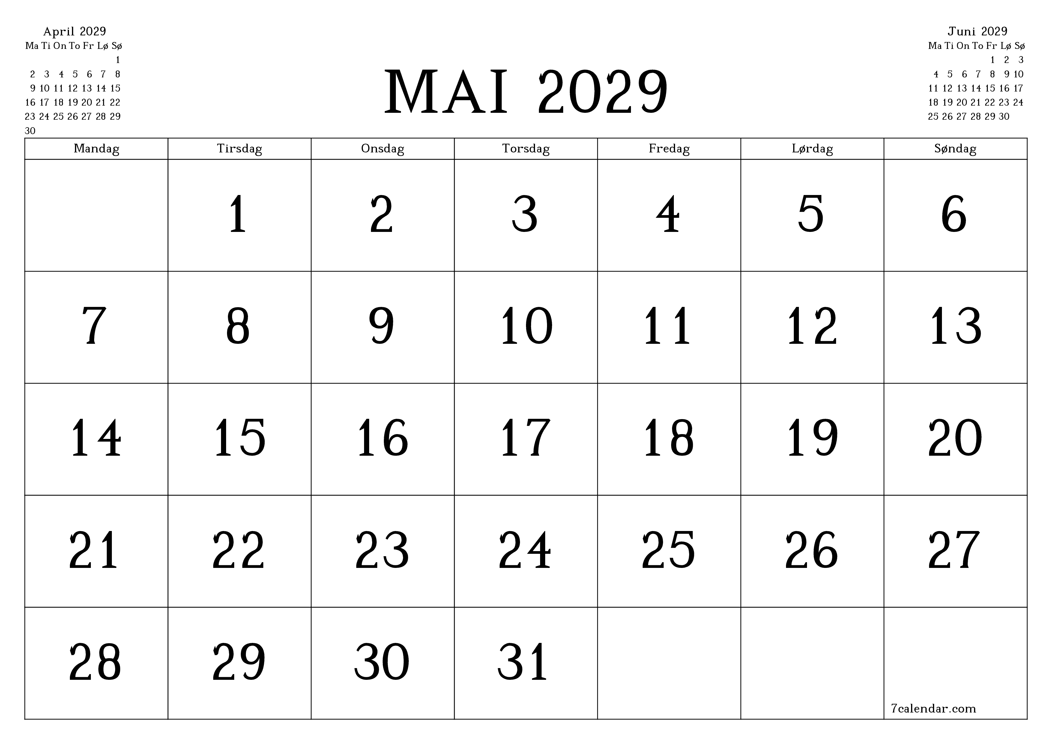 Tom månedlig planlegger for måned Mai 2029 med notater, lagre og skriv ut til PDF PNG Norwegian