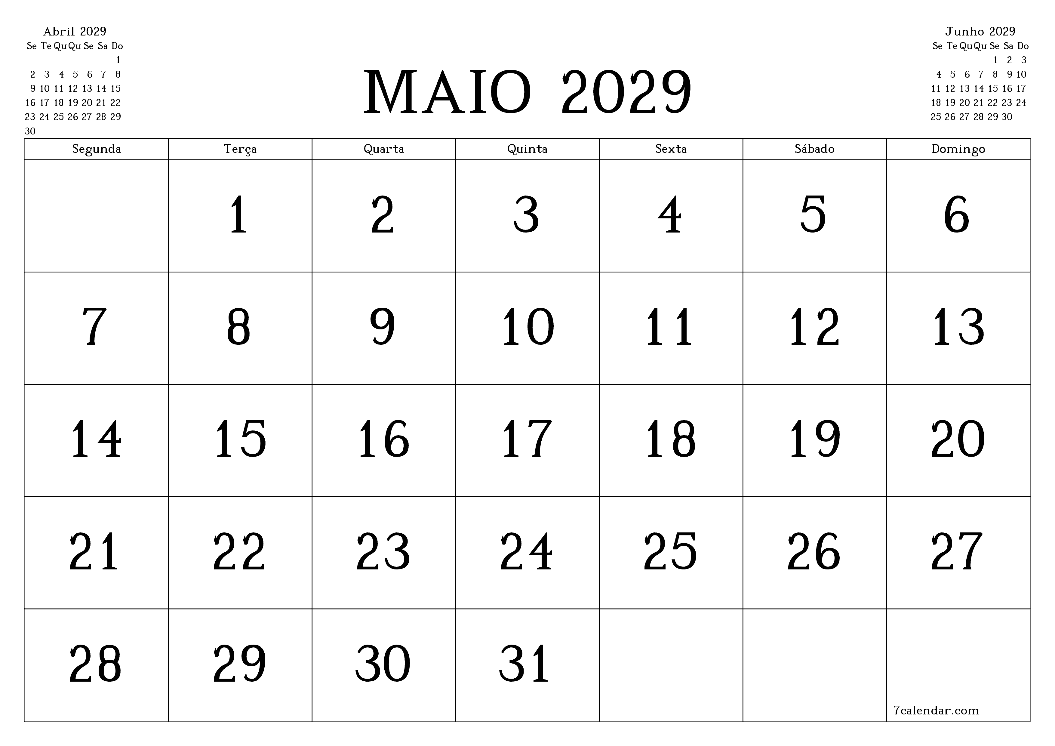 Esvazie o planejador mensal para o mês Maio 2029 com notas, salve e imprima em PDF PNG Portuguese