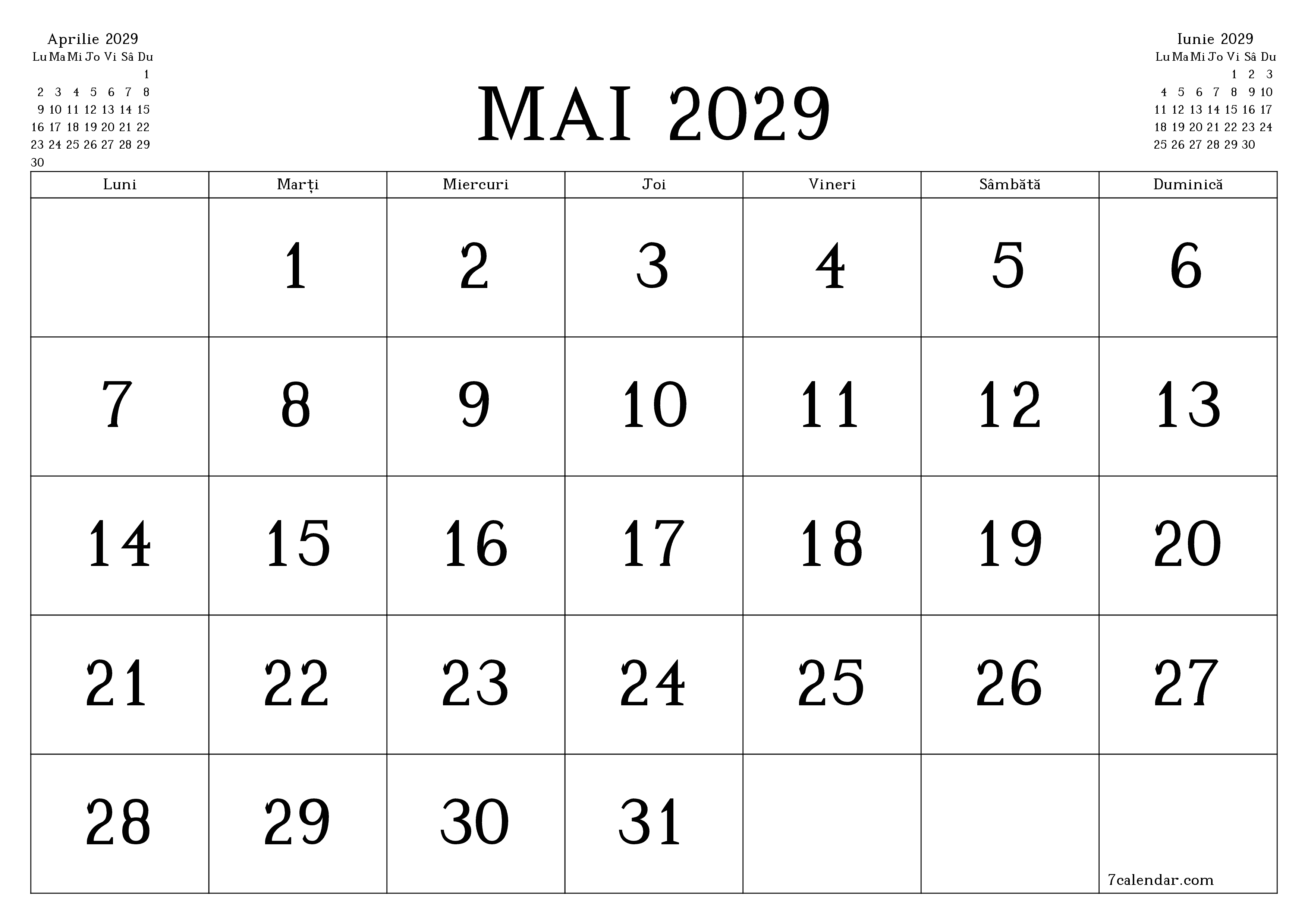 Planificator lunar gol pentru luna Mai 2029 cu note, salvați și tipăriți în PDF PNG Romanian