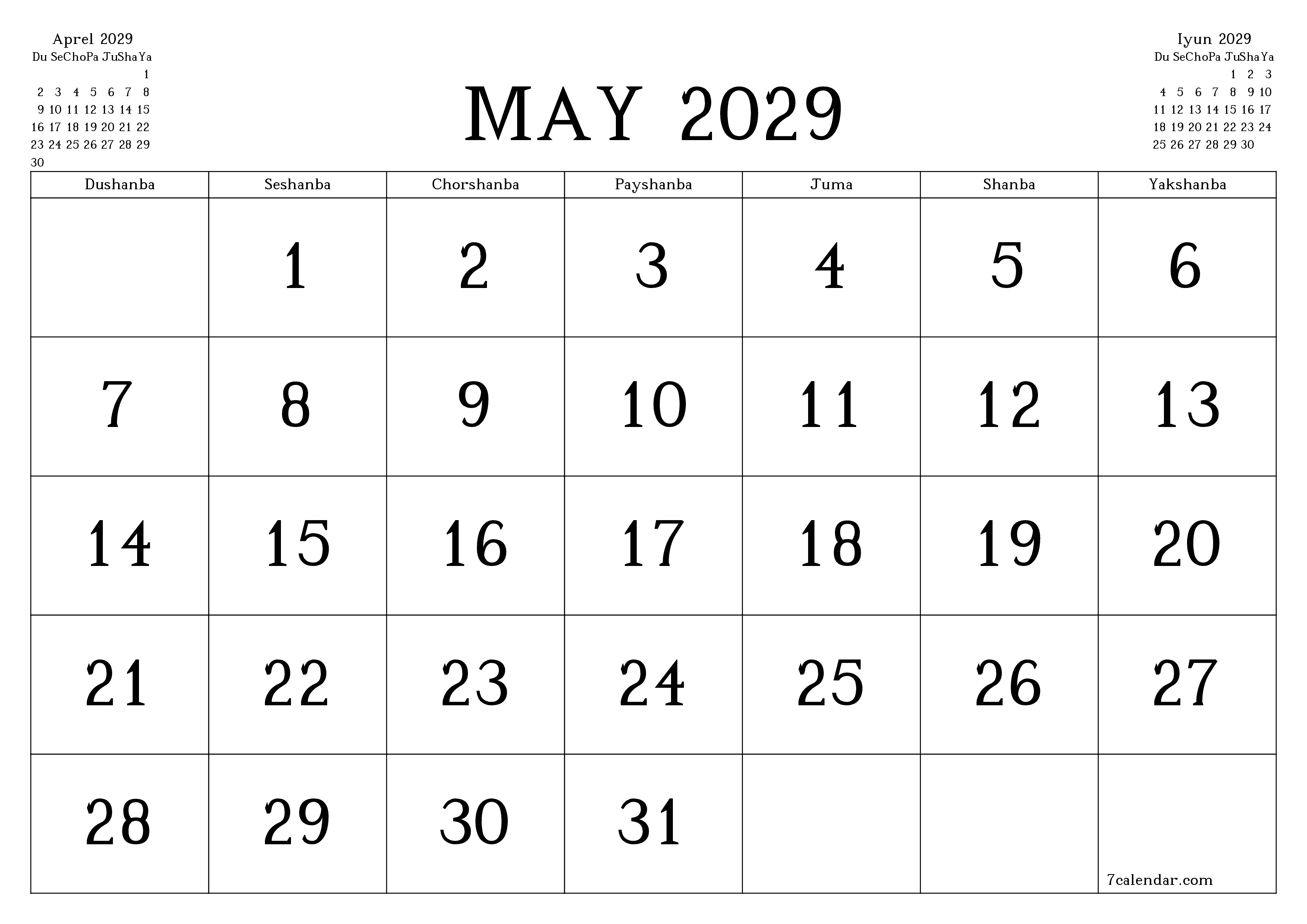 May 2029 oylik oylik rejalashtiruvchini yozuvlar bilan bo'shatish, saqlash va PDF-ga chop etish PNG Uzbek