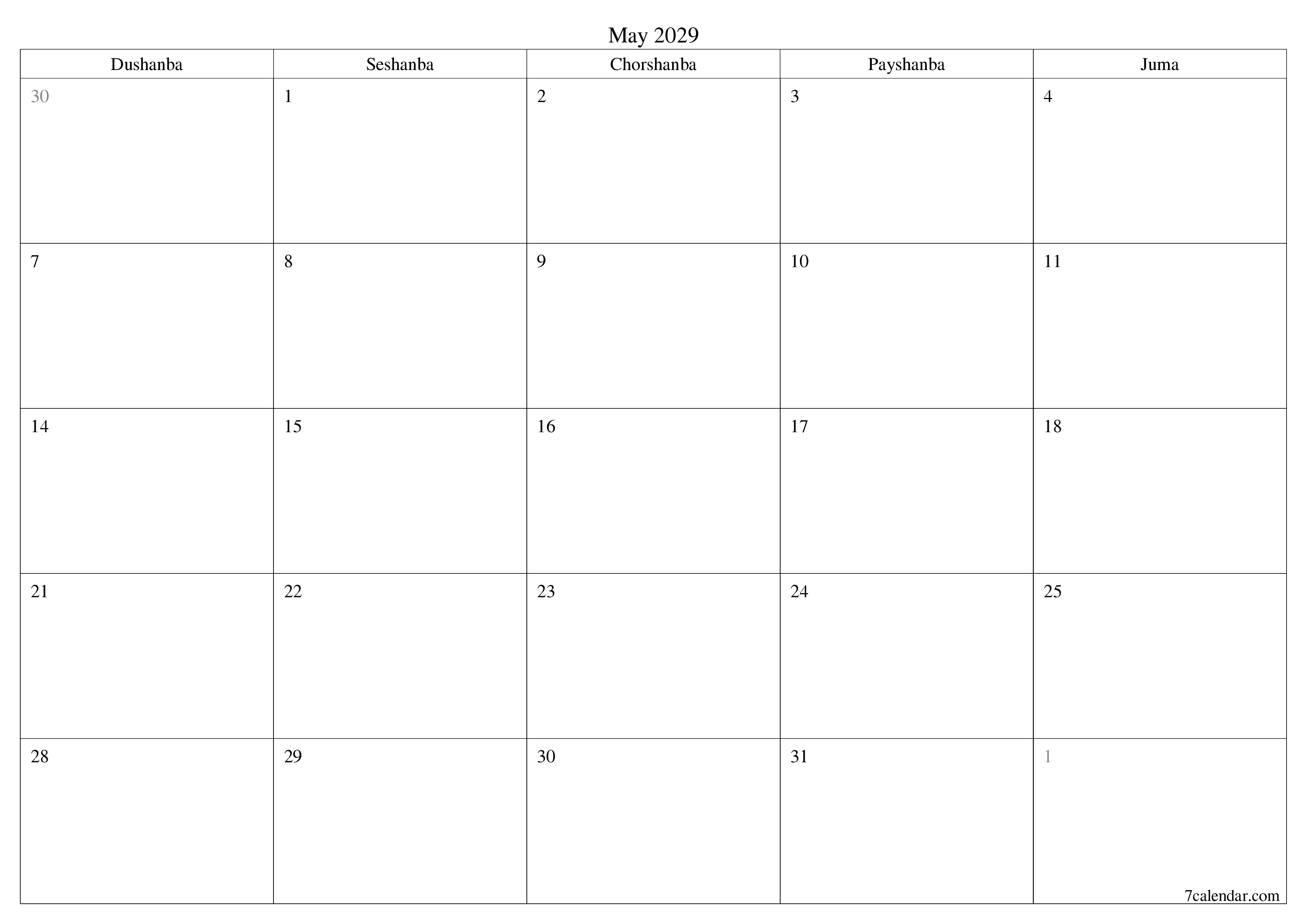 May 2029 oylik oylik rejalashtiruvchini yozuvlar bilan bo'shatish, saqlash va PDF-ga chop etish PNG Uzbek