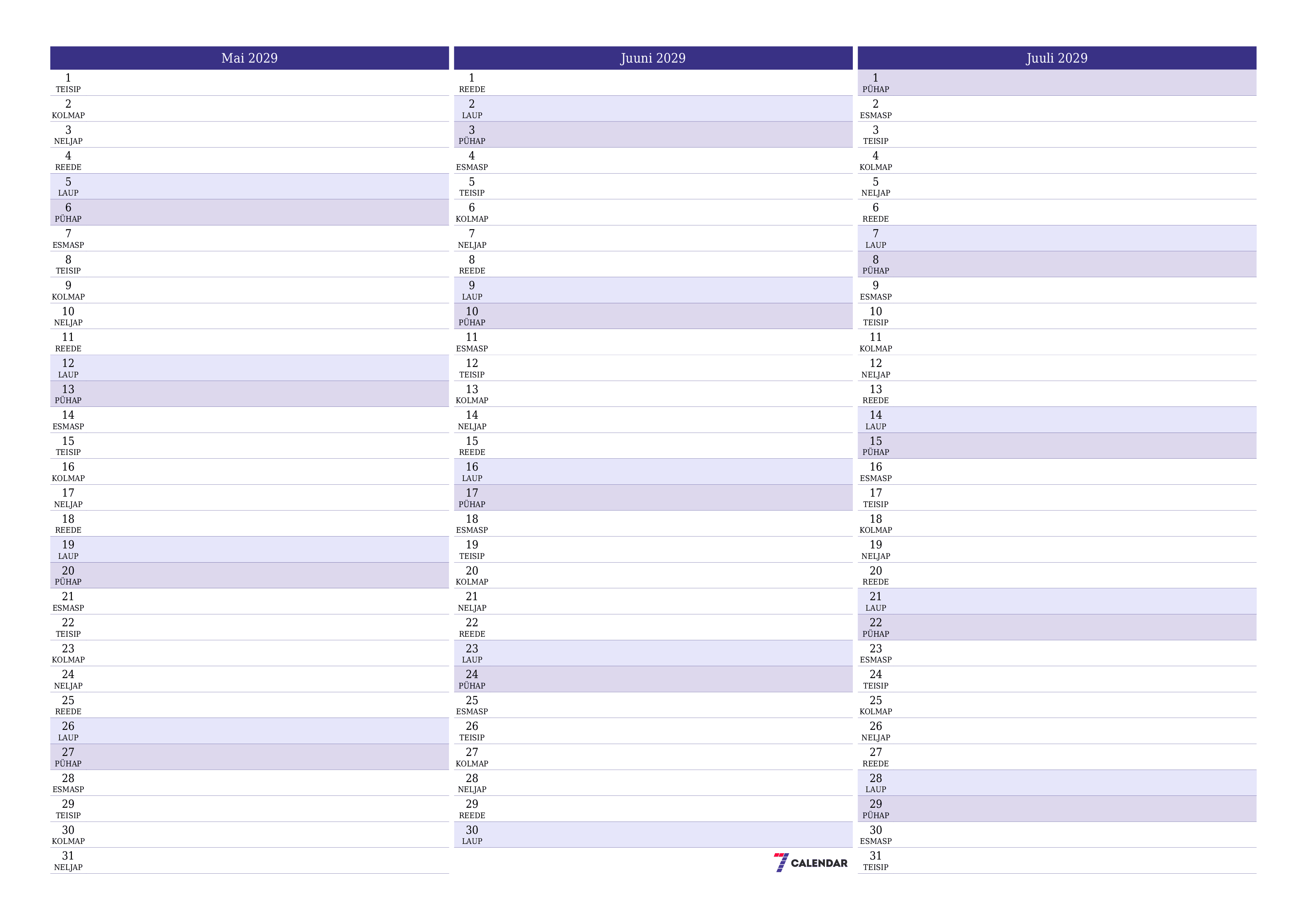 Tühjendage kuu Mai 2029 kuuplaneerija märkmetega, salvestage ja printige PDF-i PNG Estonian