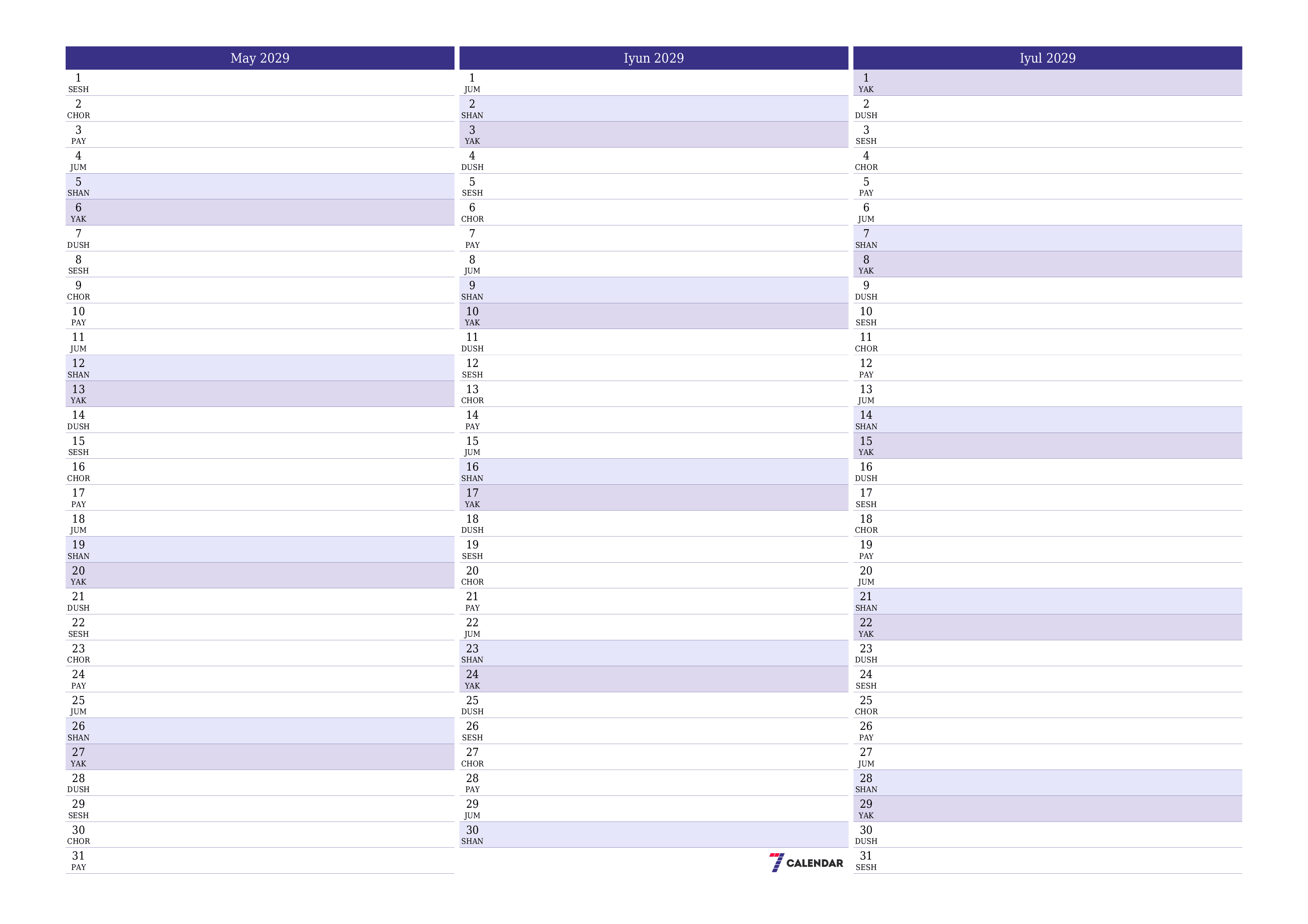 May 2029 oylik oylik rejalashtiruvchini yozuvlar bilan bo'shatish, saqlash va PDF-ga chop etish PNG Uzbek