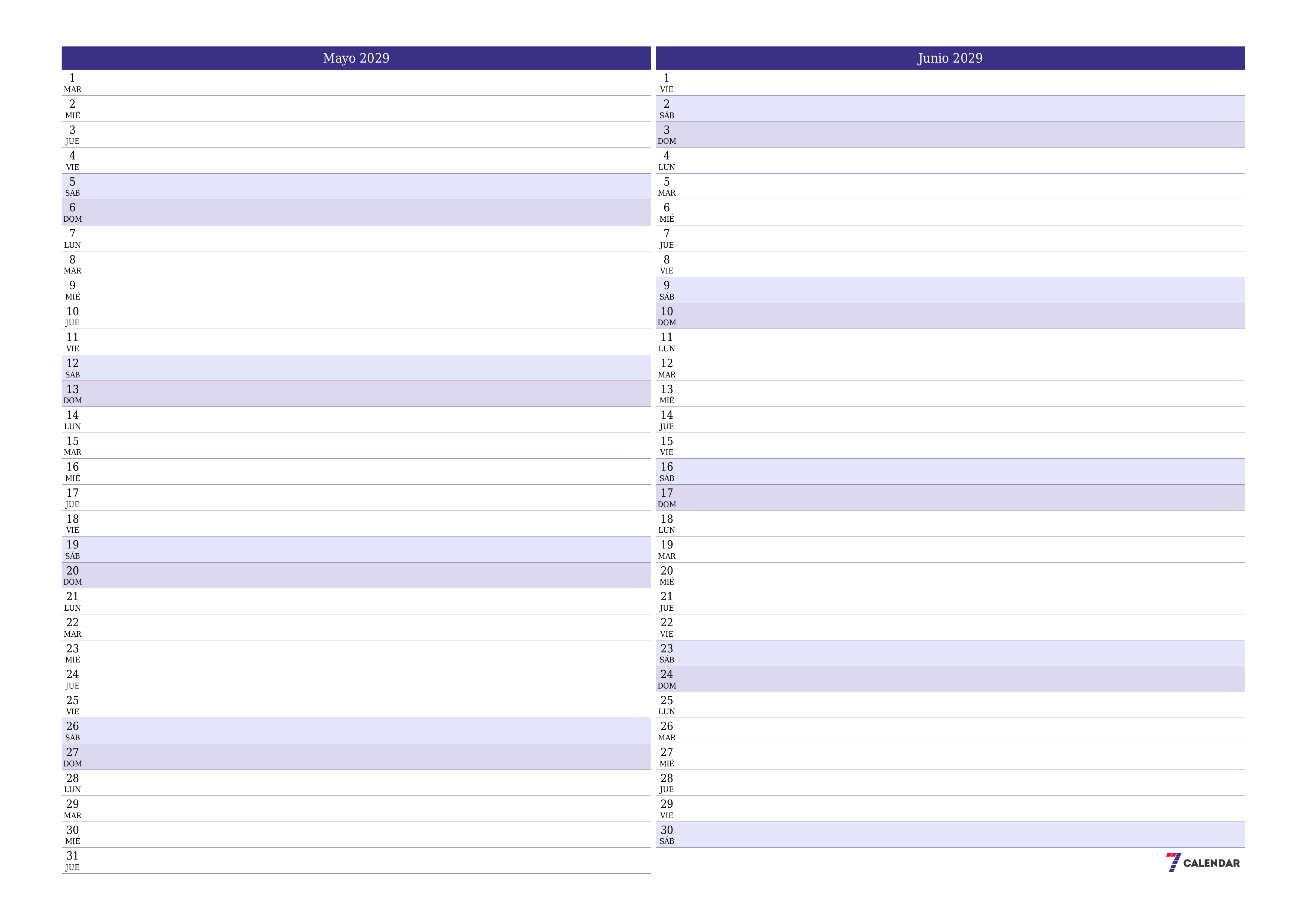 Planificador mensual vacío para el mes Mayo 2029 con notas, guardar e imprimir en PDF PNG Spanish