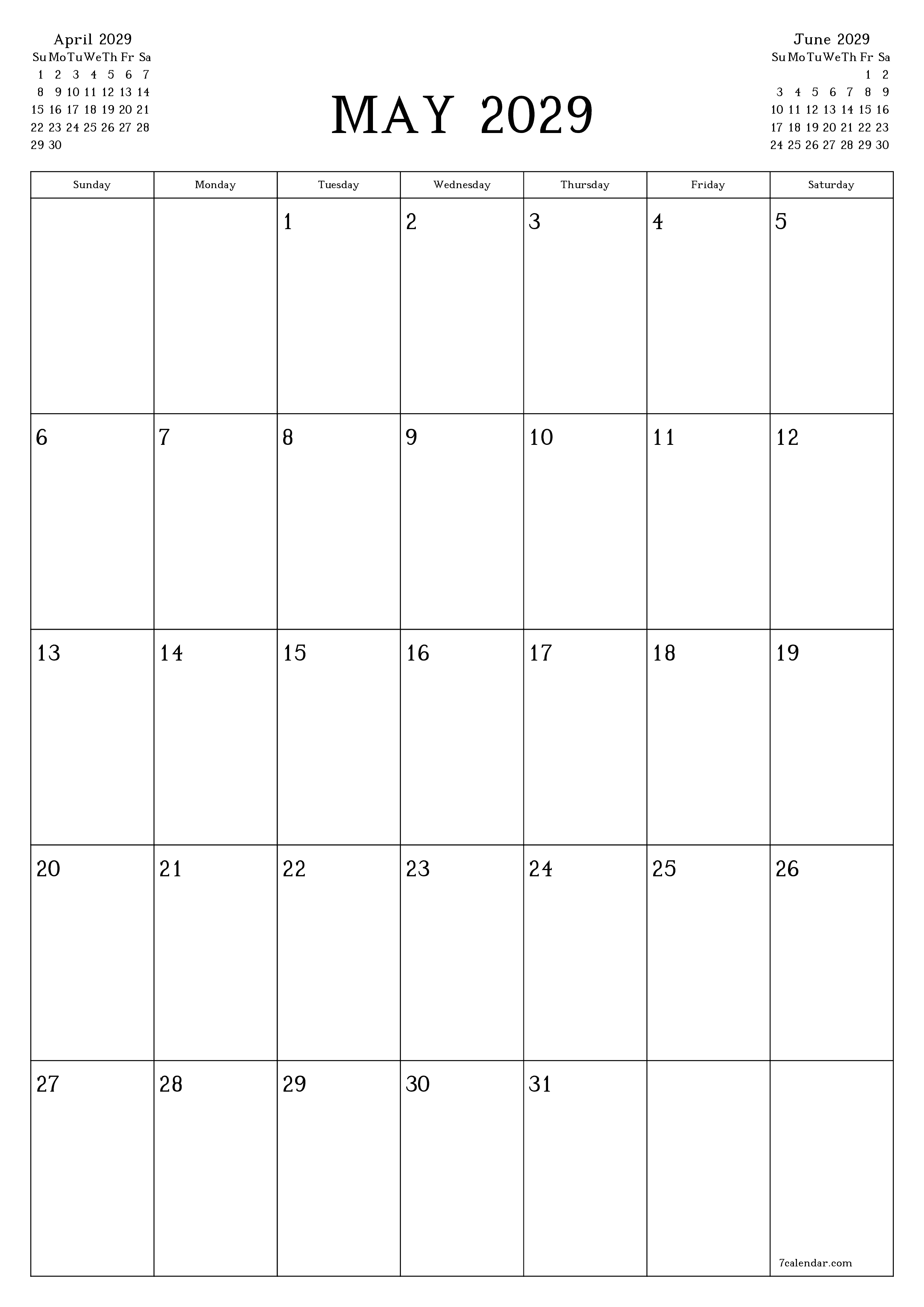 printable wall template free vertical Monthly planner calendar May (May) 2029