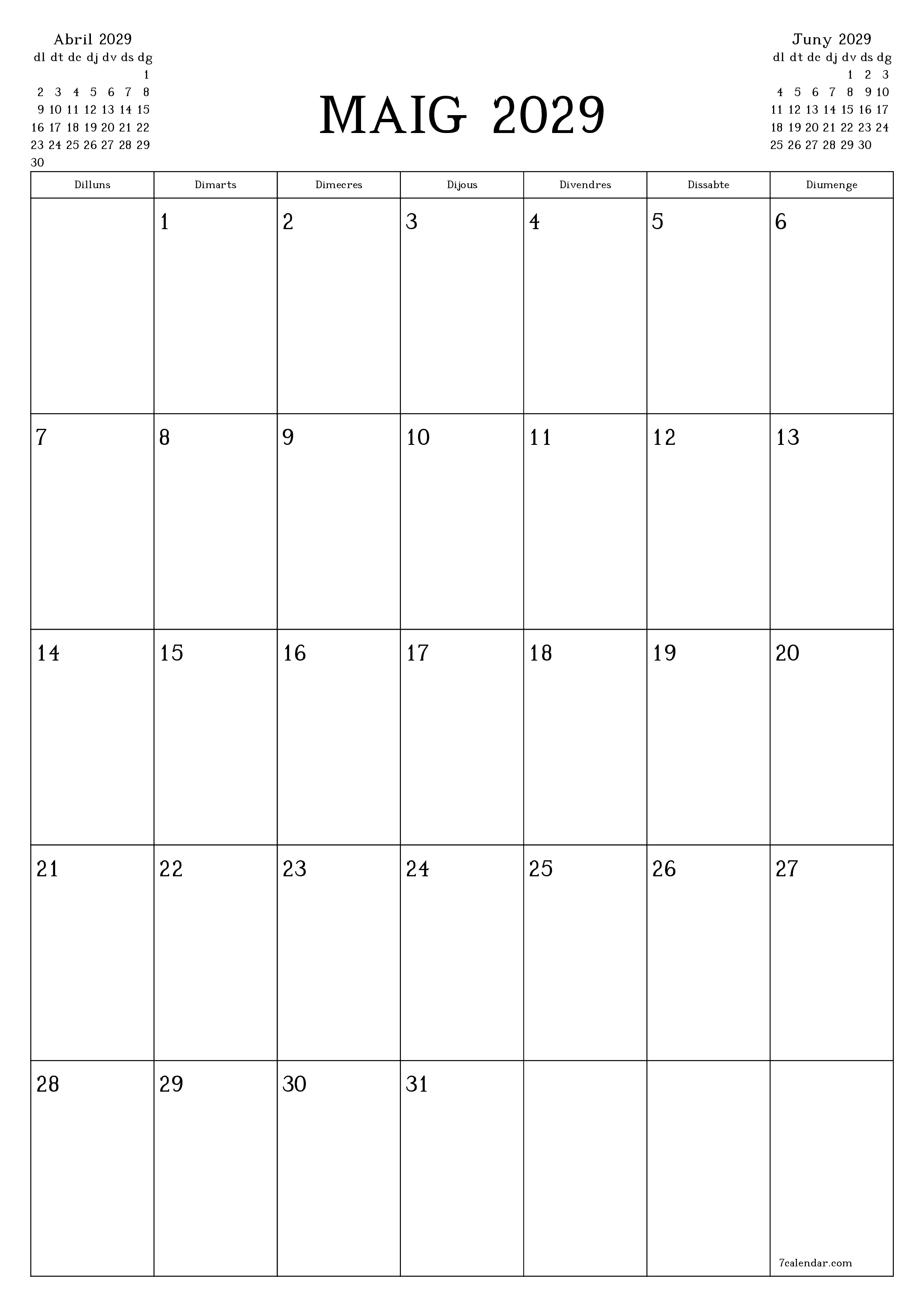  imprimible de paret plantilla de gratuïtvertical Mensual planificador calendari Maig (Mai) 2029