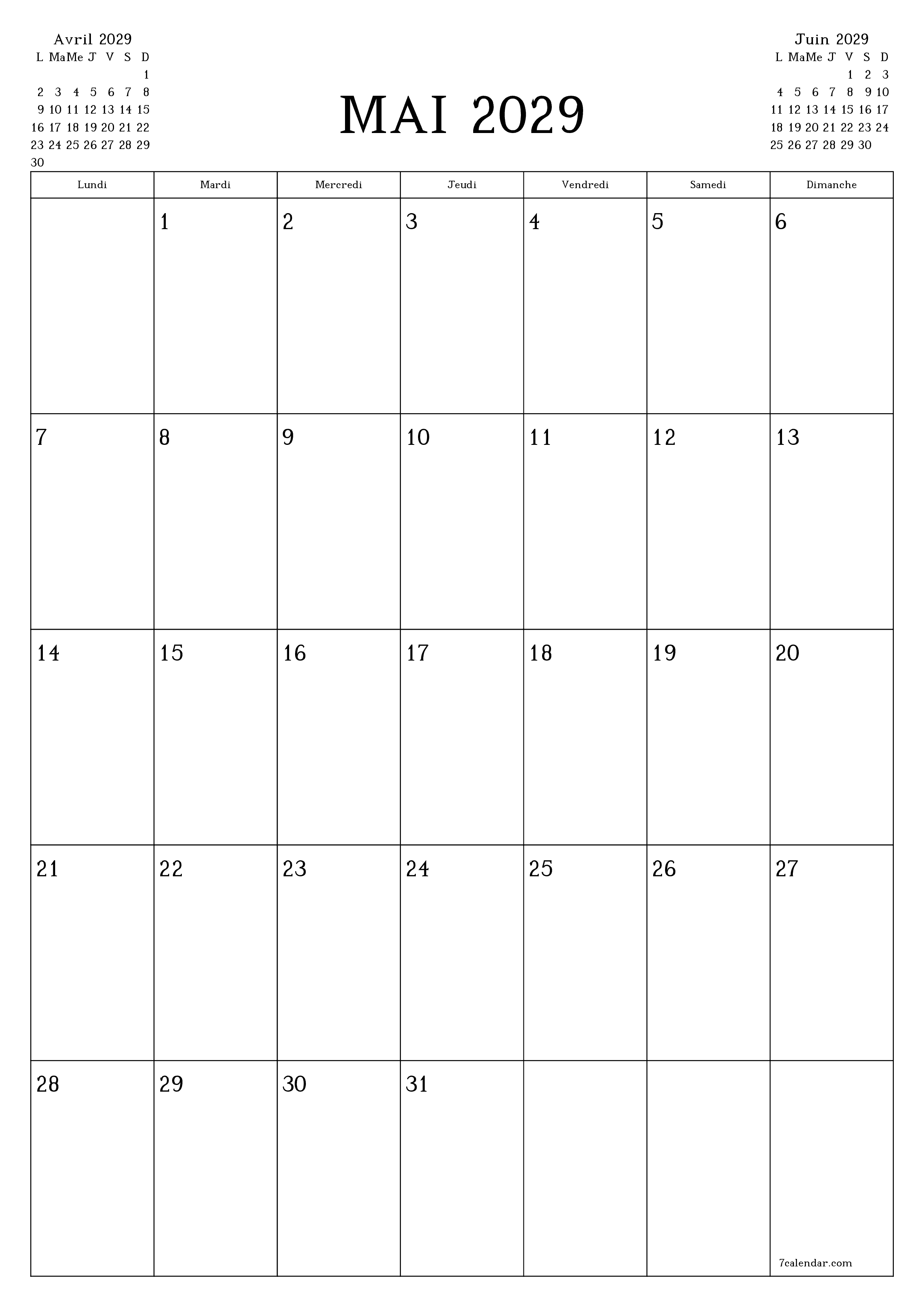 Agenda mensuel vide pour le mois Mai 2029 avec notes, enregistrez et imprimez au format PDF PNG French