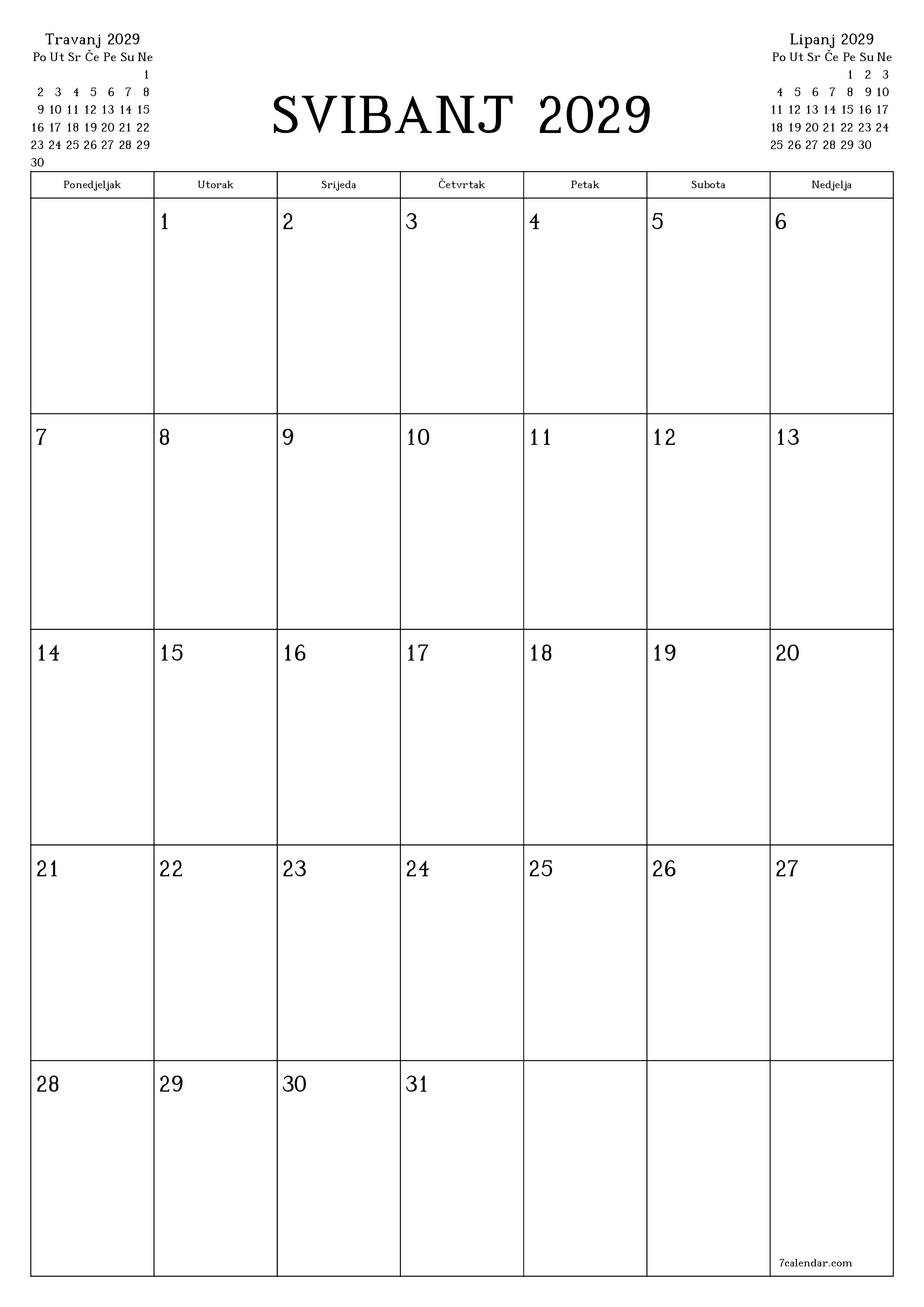  za ispis zidni predložak a besplatni okomito Mjesečni planer kalendar Svibanj (Svi) 2029