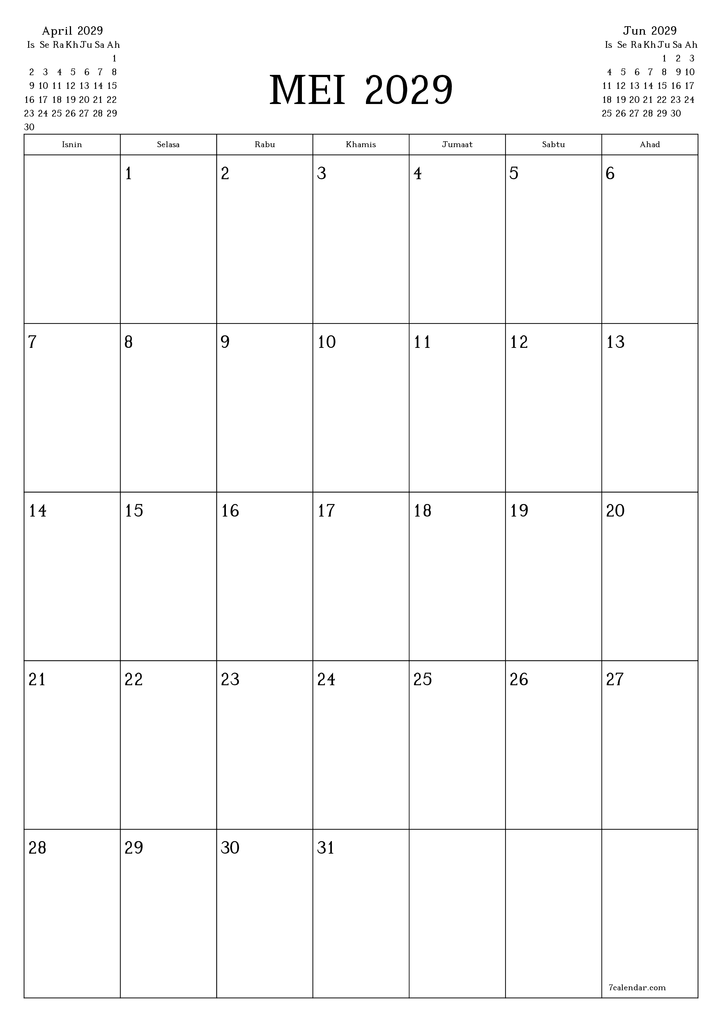  boleh cetak dinding templat percumamenegak Bulanan perancang kalendar Mei (Mei) 2029