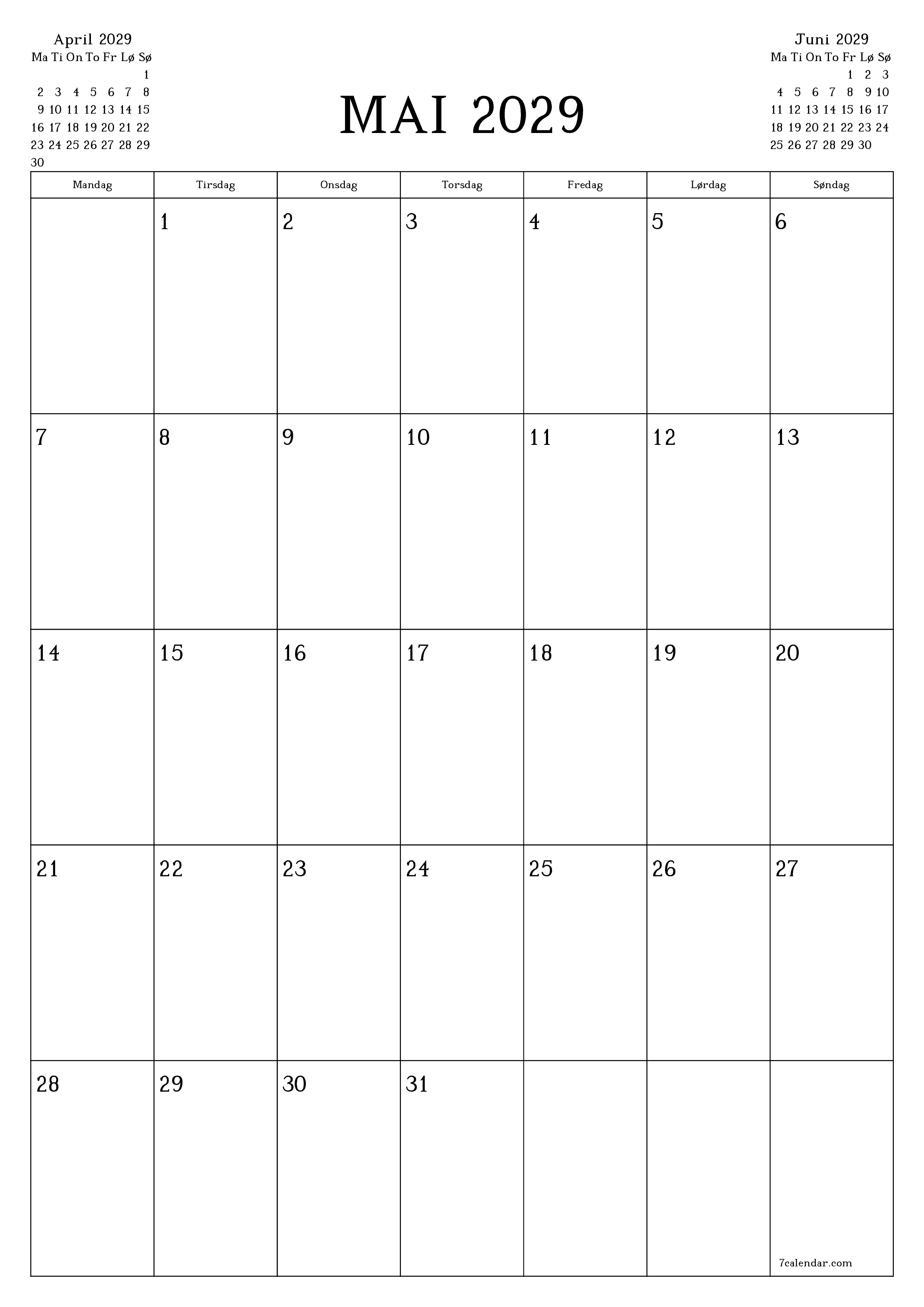 utskrivbar vegg mal gratis vertikal Månedlig planlegger kalender Mai (Mai) 2029