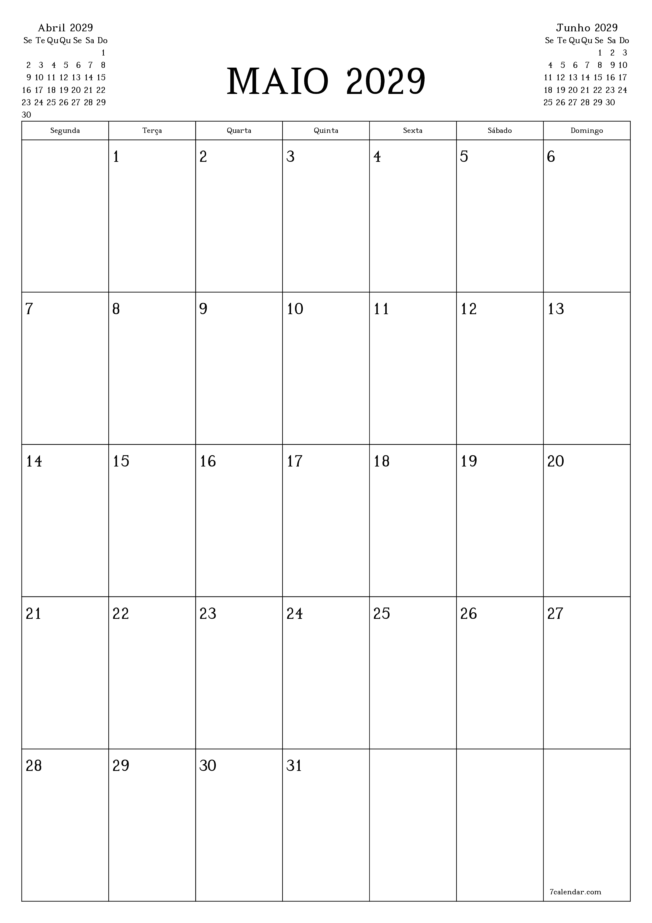  para impressão de parede modelo de grátisvertical Mensal planejador calendário Maio (Mai) 2029