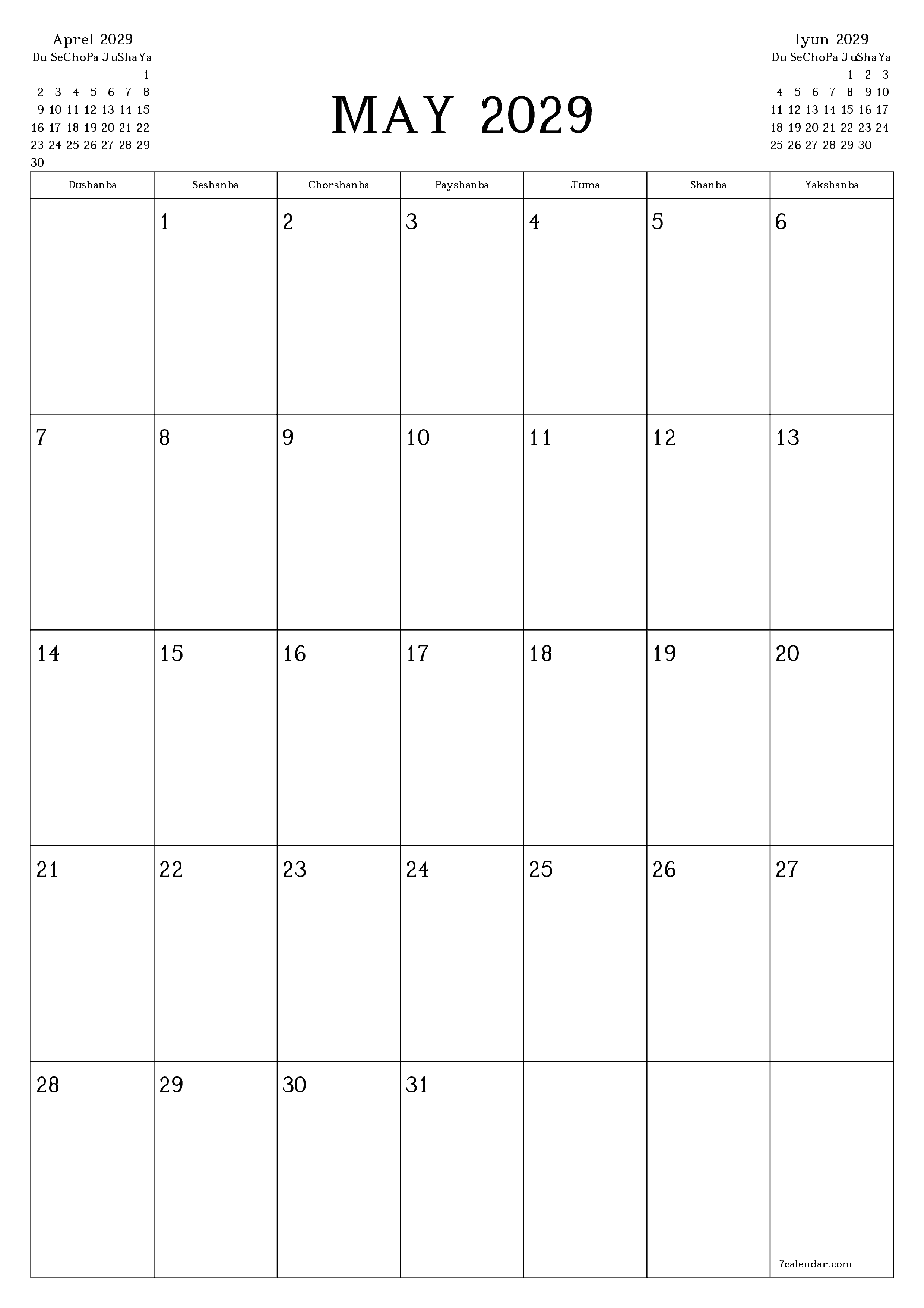 chop etiladigan devor taqvimi shabloni bepul vertikal Oylik rejalashtiruvchi kalendar May (May) 2029