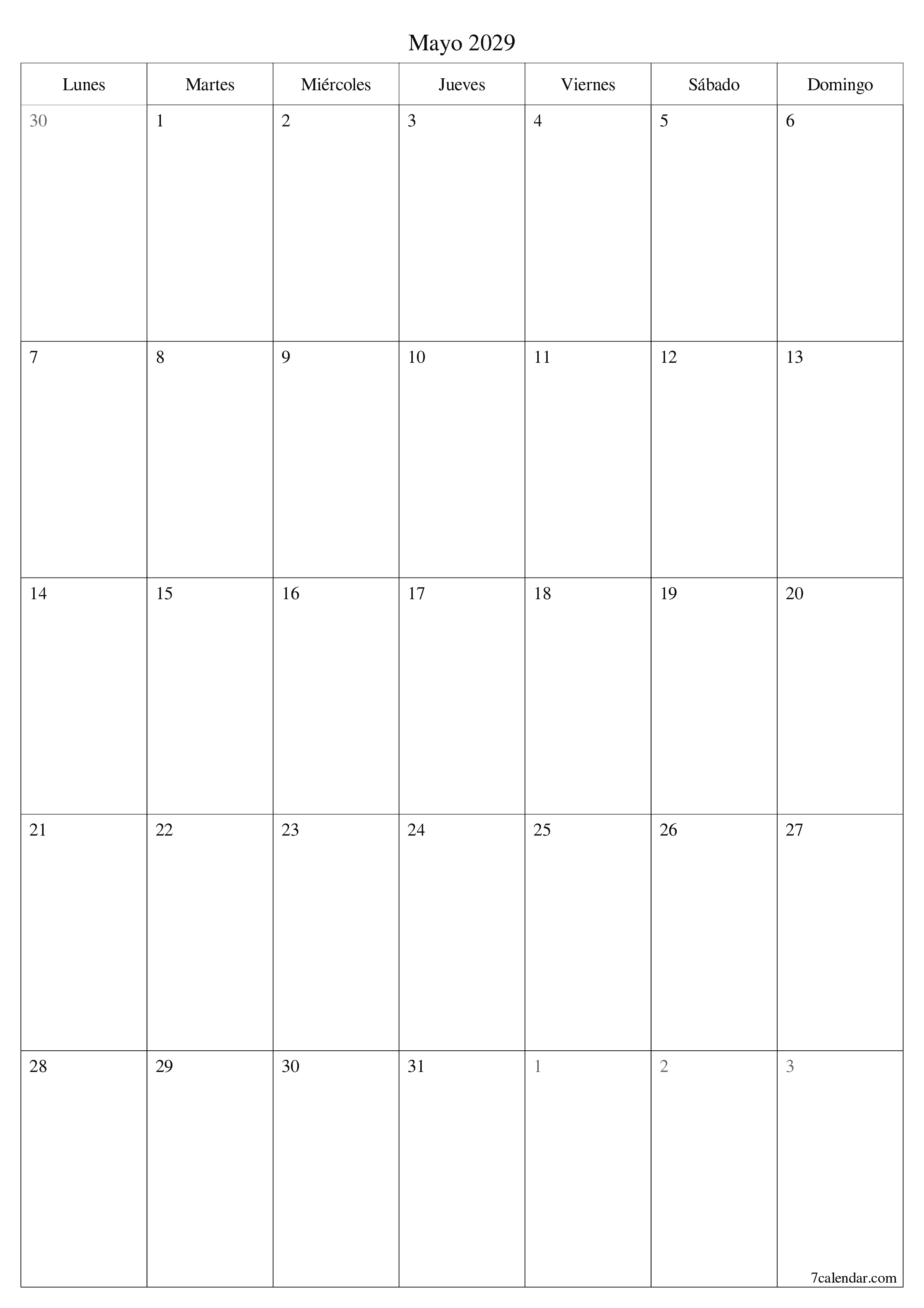  imprimible de pared plantilla de gratisvertical Mensual planificador calendario Mayo (May) 2029