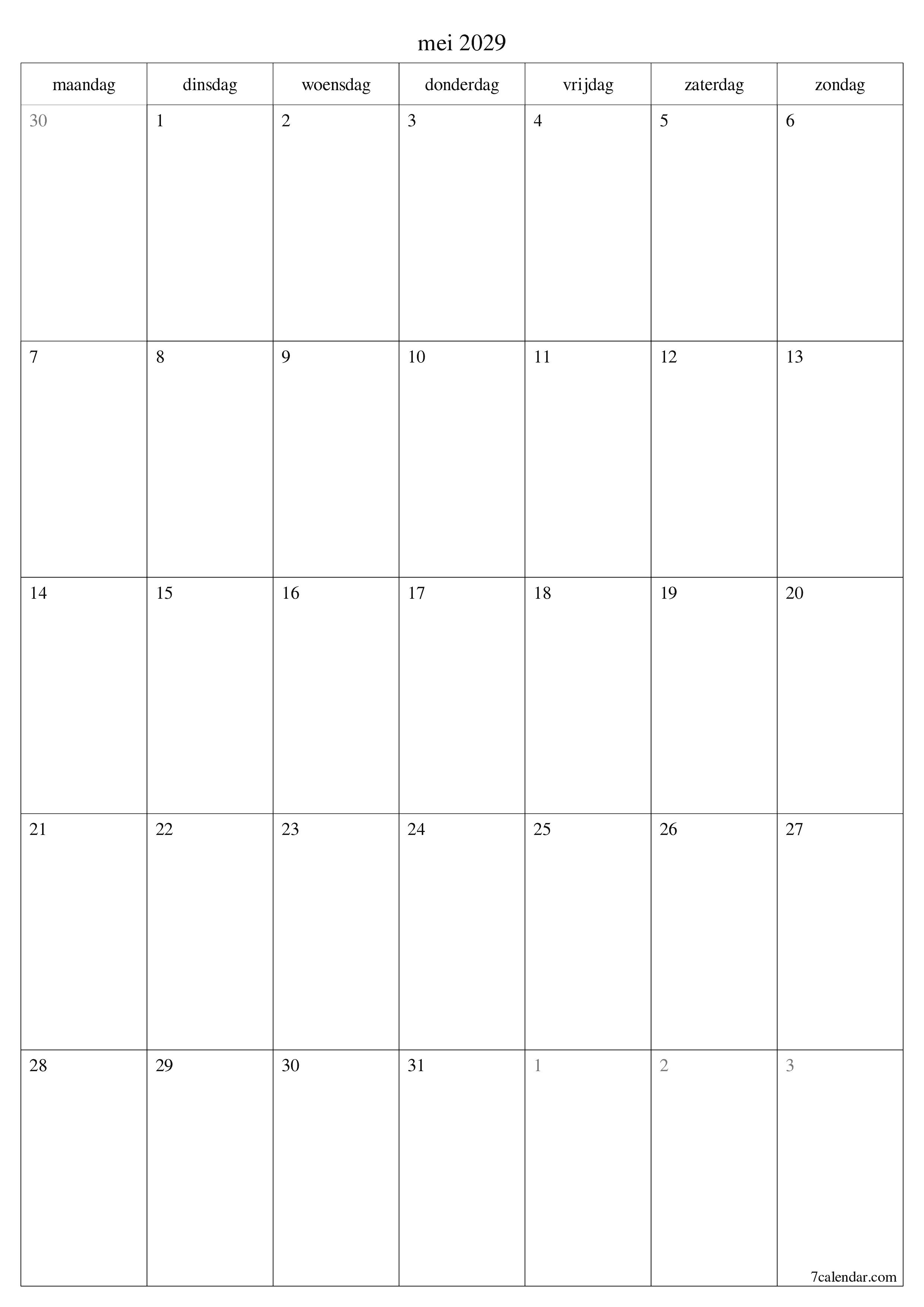 afdrukbare muur sjabloon gratis verticaal Maandelijks planner kalender mei (mei) 2029