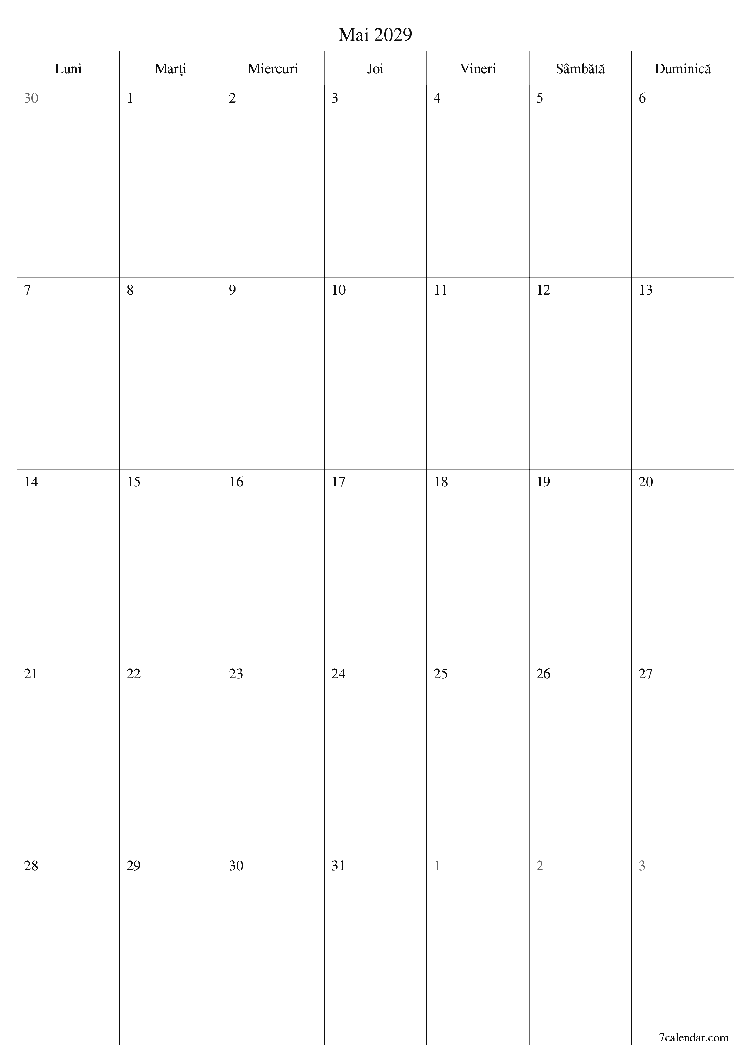  imprimabil de perete șablon de gratuitvertical Lunar planificator calendar Mai (Mai) 2029