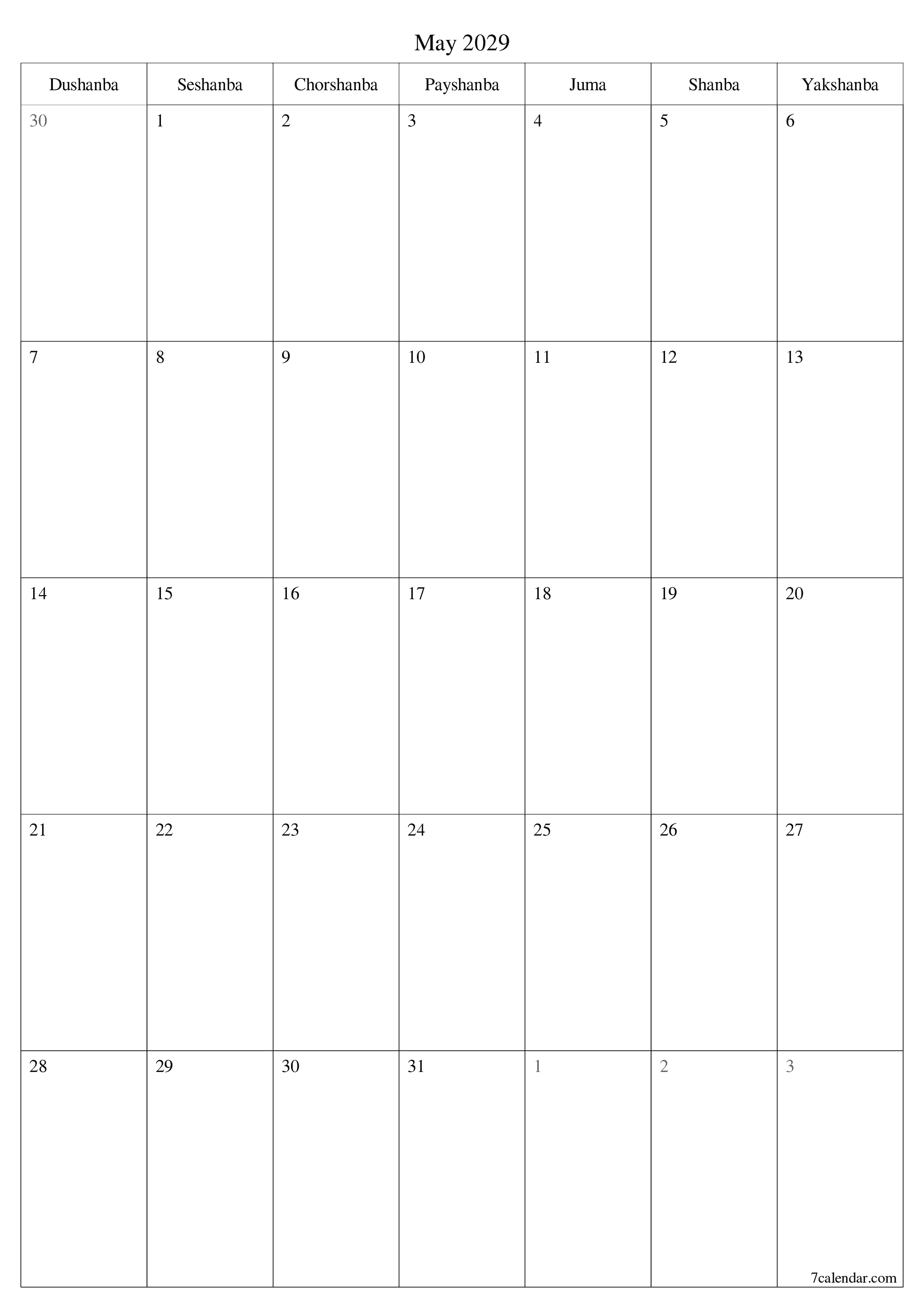 chop etiladigan devor taqvimi shabloni bepul vertikal Oylik rejalashtiruvchi kalendar May (May) 2029