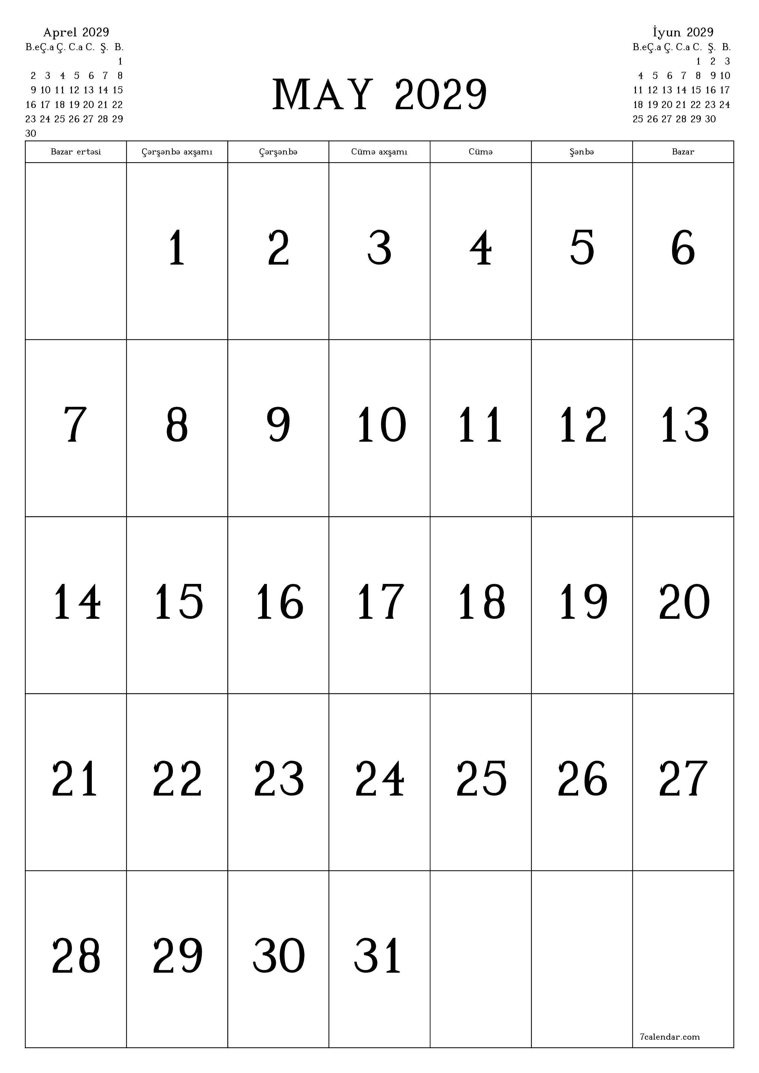 çap edilə bilən divar i şablonu pulsuz şaquli Aylıq təqvim May (May) 2029