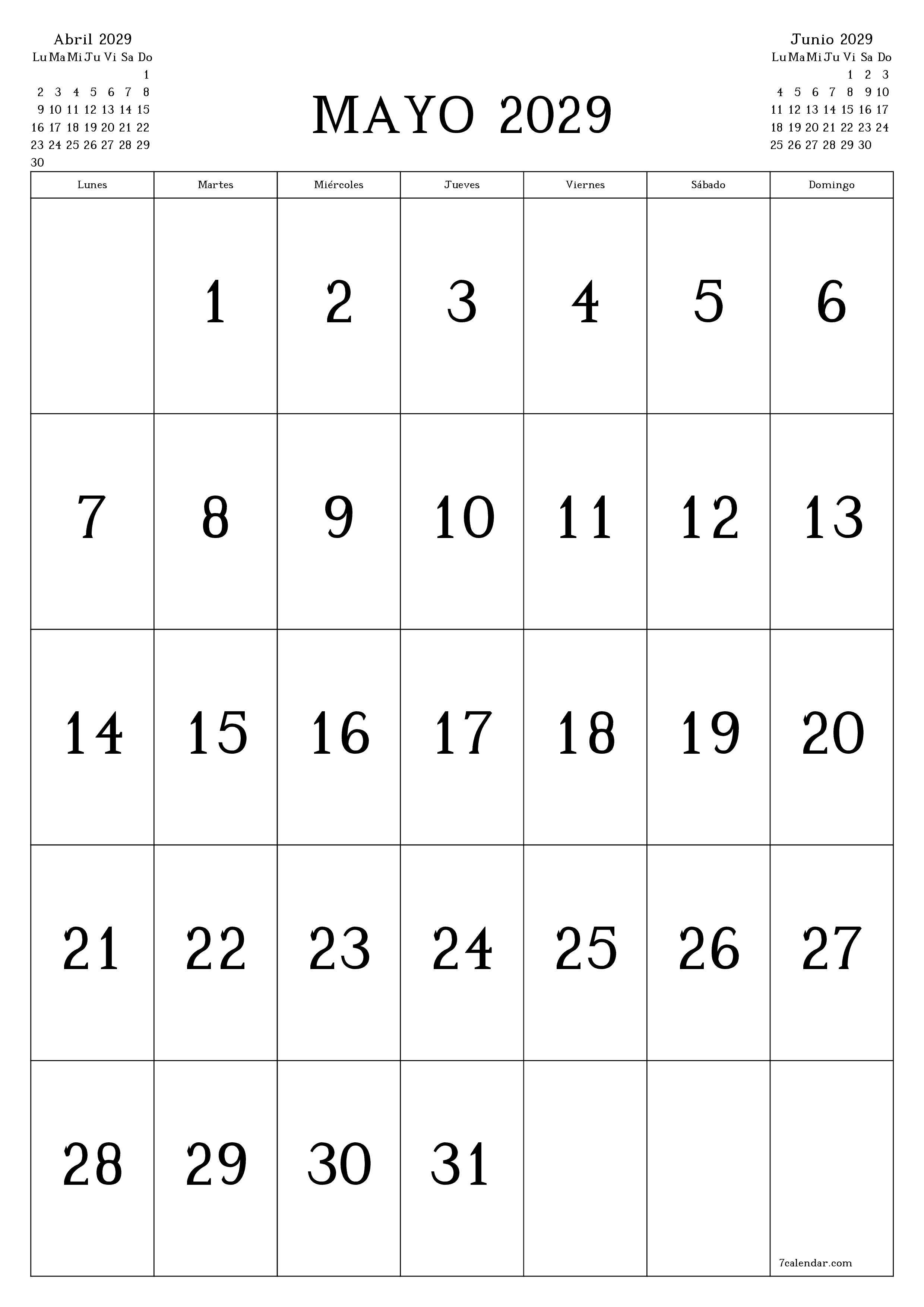  imprimible de pared plantilla de gratisvertical Mensual calendario Mayo (May) 2029
