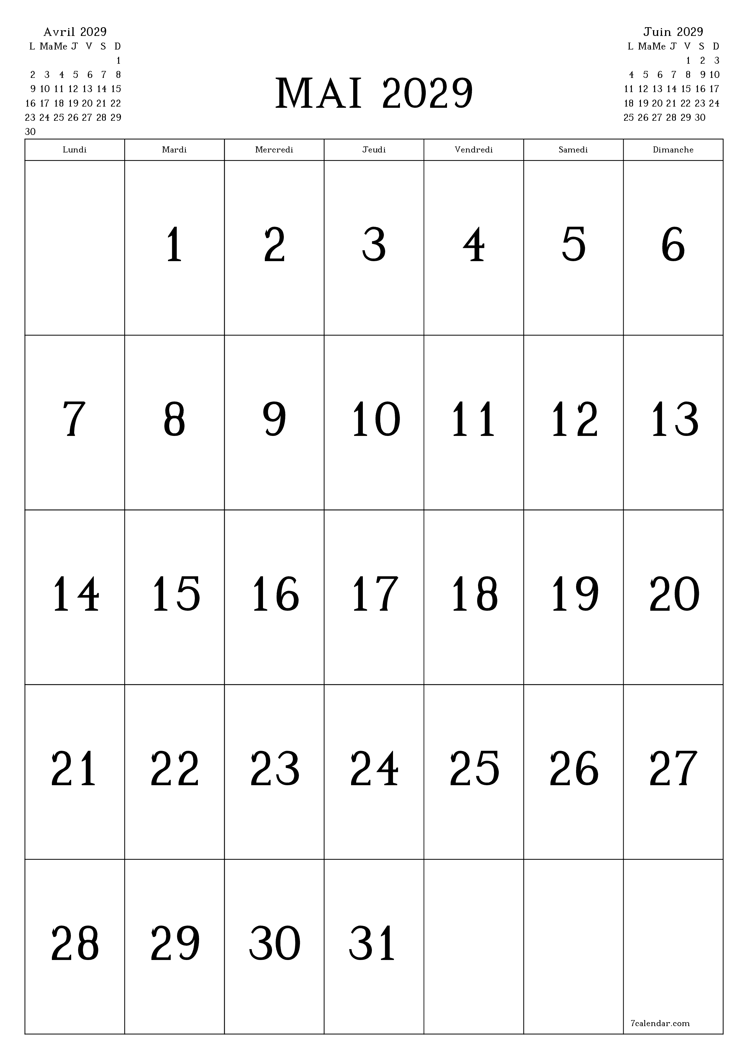  imprimable mural modèle de gratuitverticale Mensuel calendrier Mai (Mai) 2029