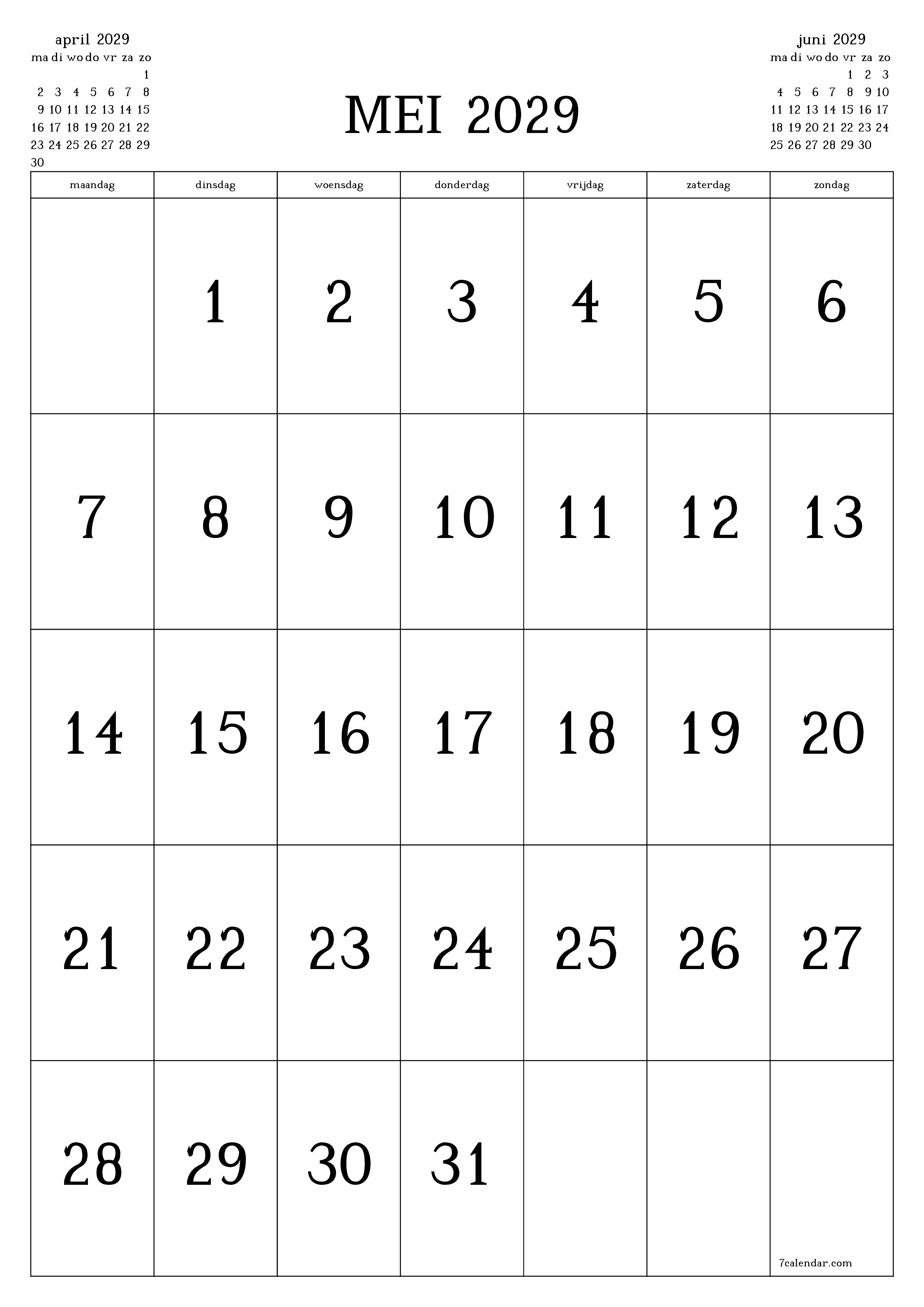 afdrukbare muur sjabloon gratis verticaal Maandelijks kalender mei (mei) 2029
