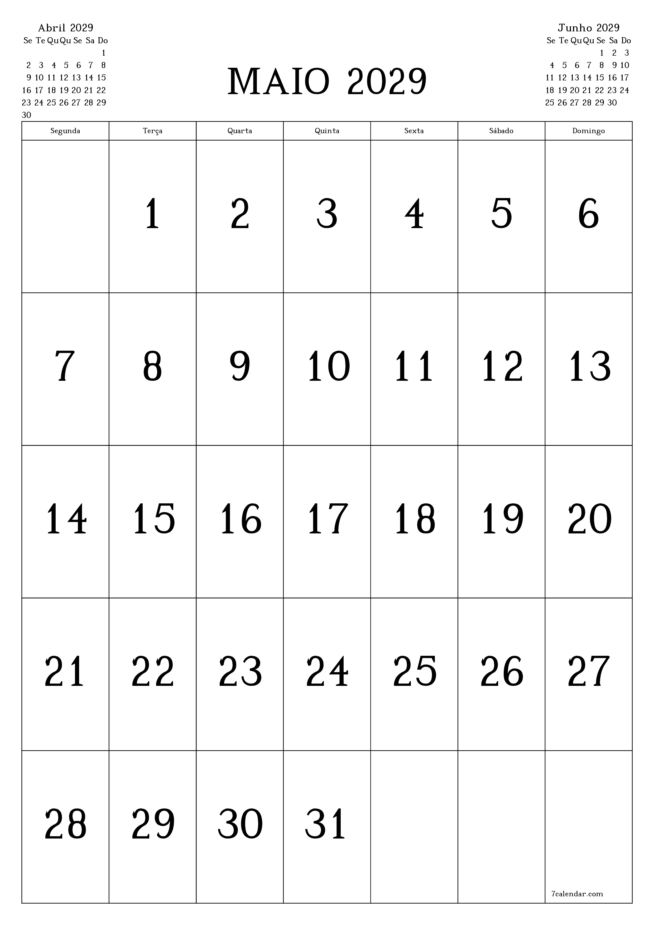  para impressão de parede modelo de grátisvertical Mensal calendário Maio (Mai) 2029