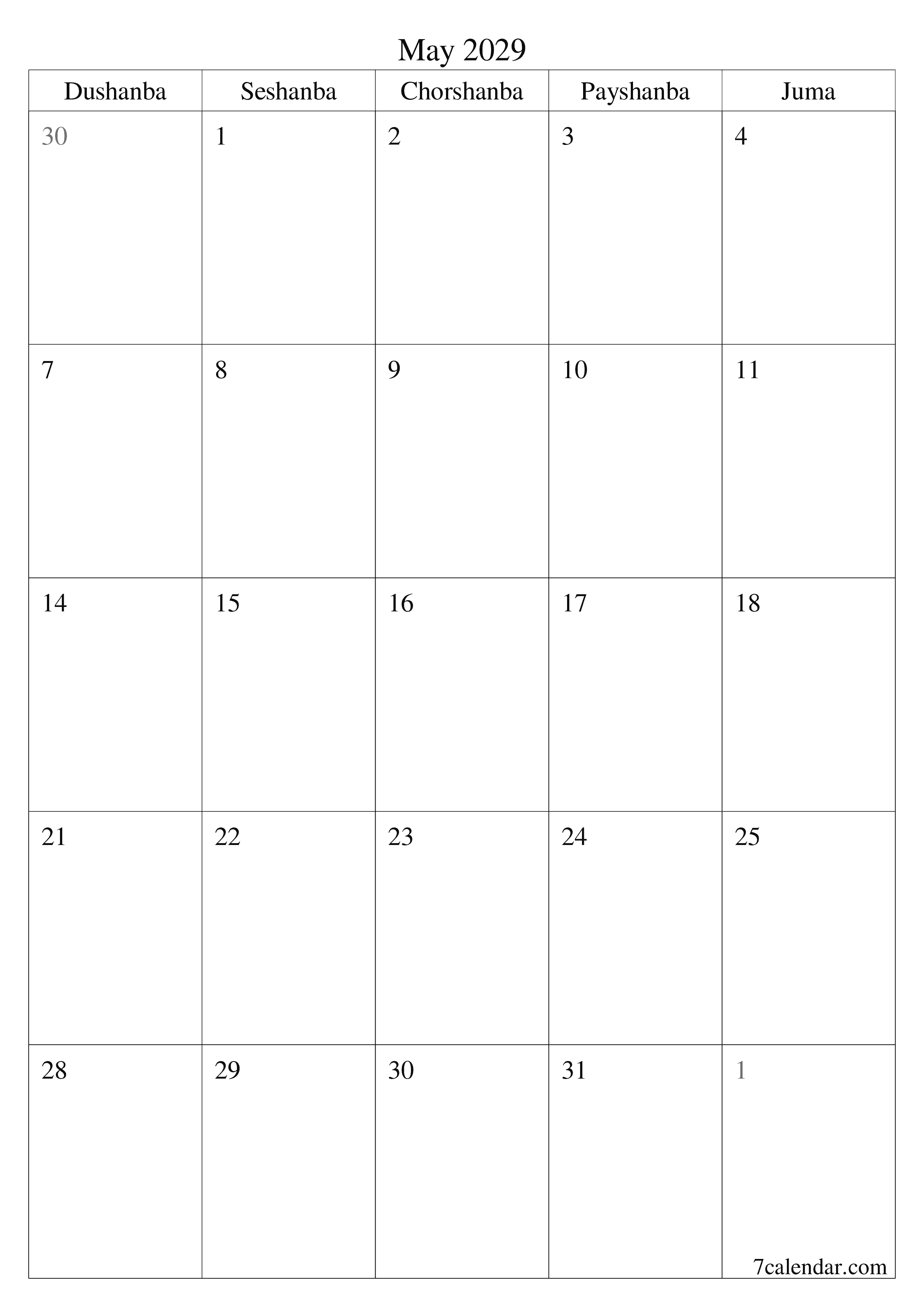 chop etiladigan devor taqvimi shabloni bepul vertikal Oylik rejalashtiruvchi kalendar May (May) 2029