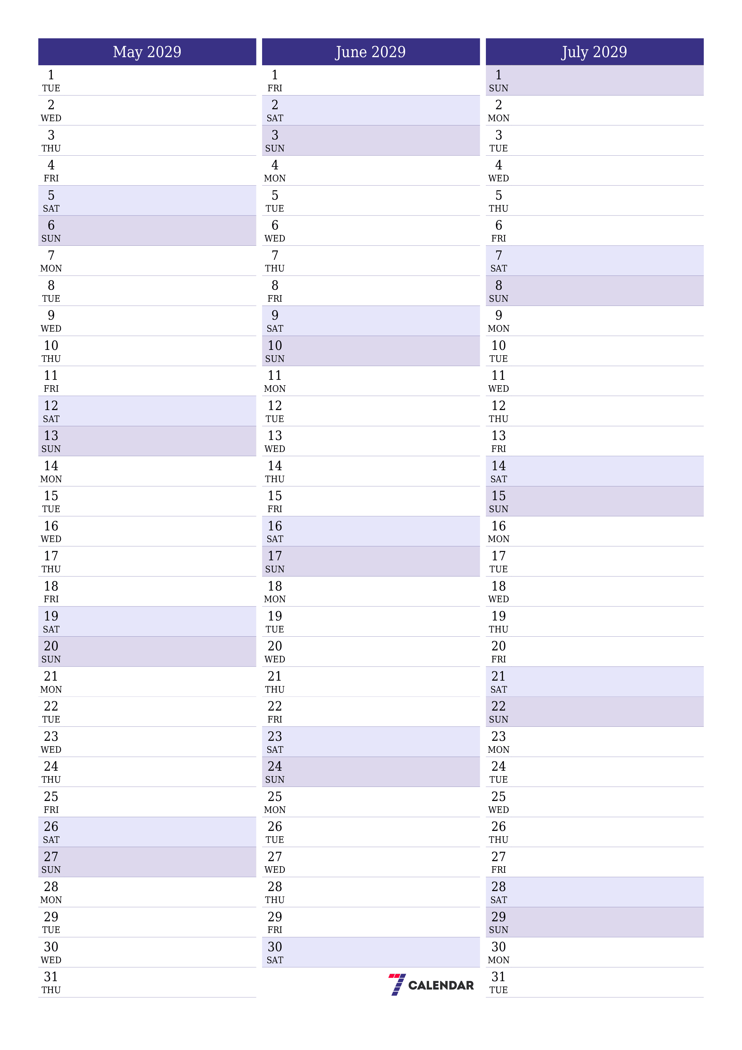 Blank calendar May 2029