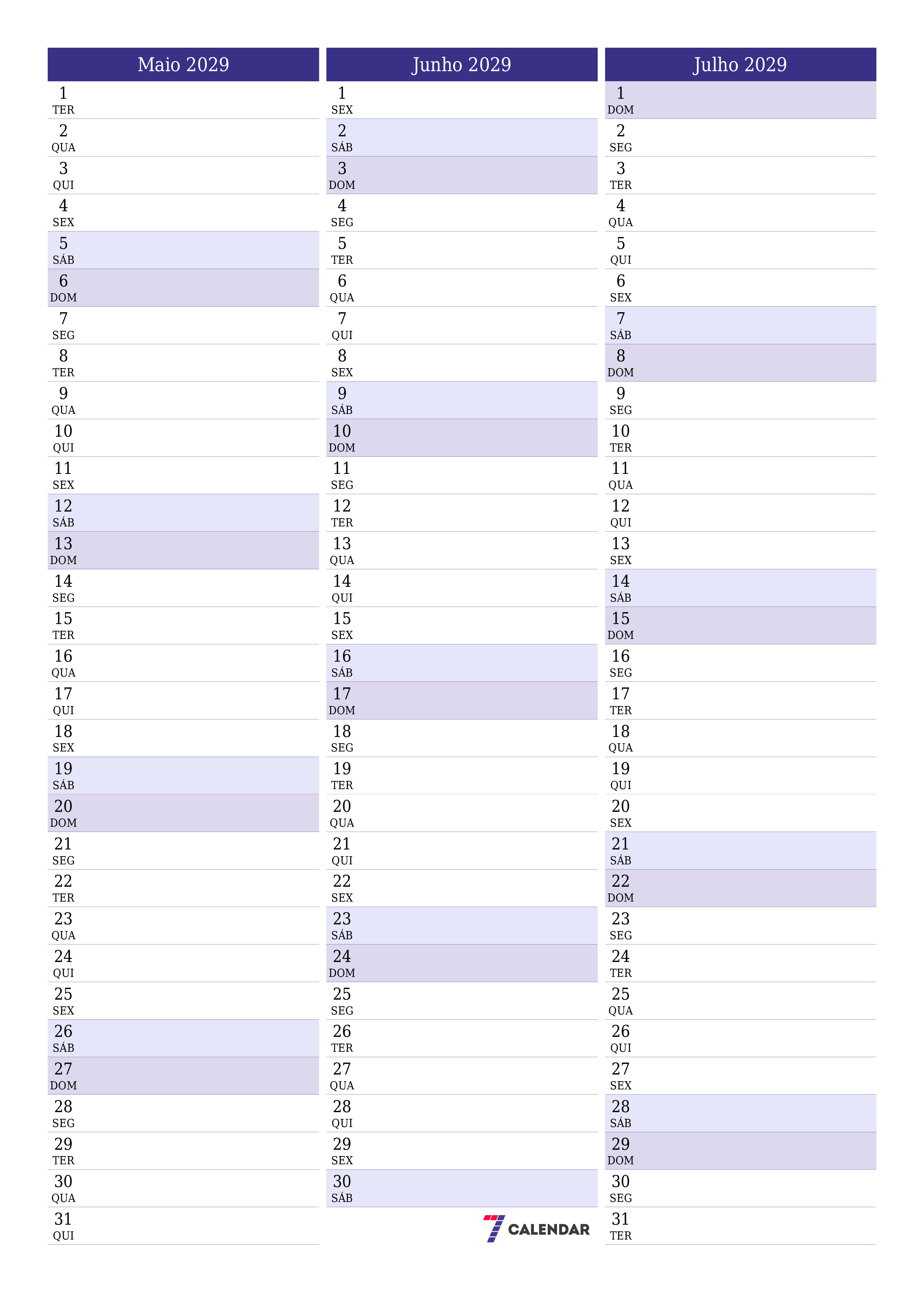  para impressão de parede modelo de grátisvertical Mensal planejador calendário Maio (Mai) 2029