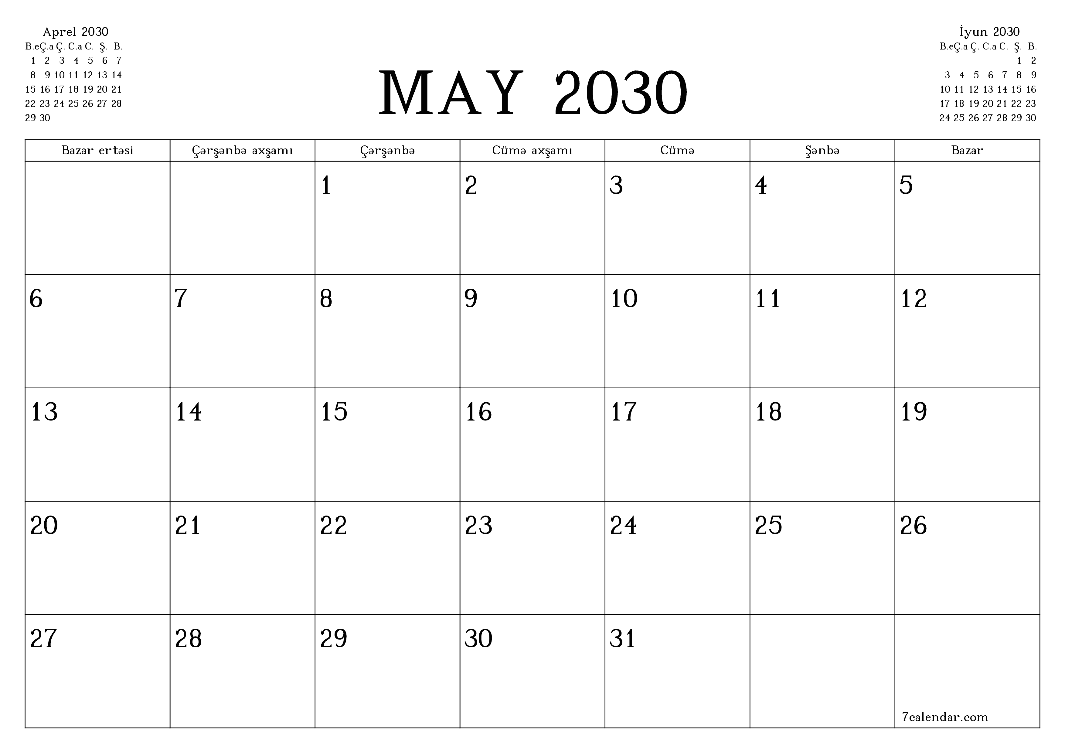 May 2030 ayı üçün qeydlər ilə boş aylıq planlayıcı, qeyd edin və PDF-ə yazdırın PNG Azerbaijani