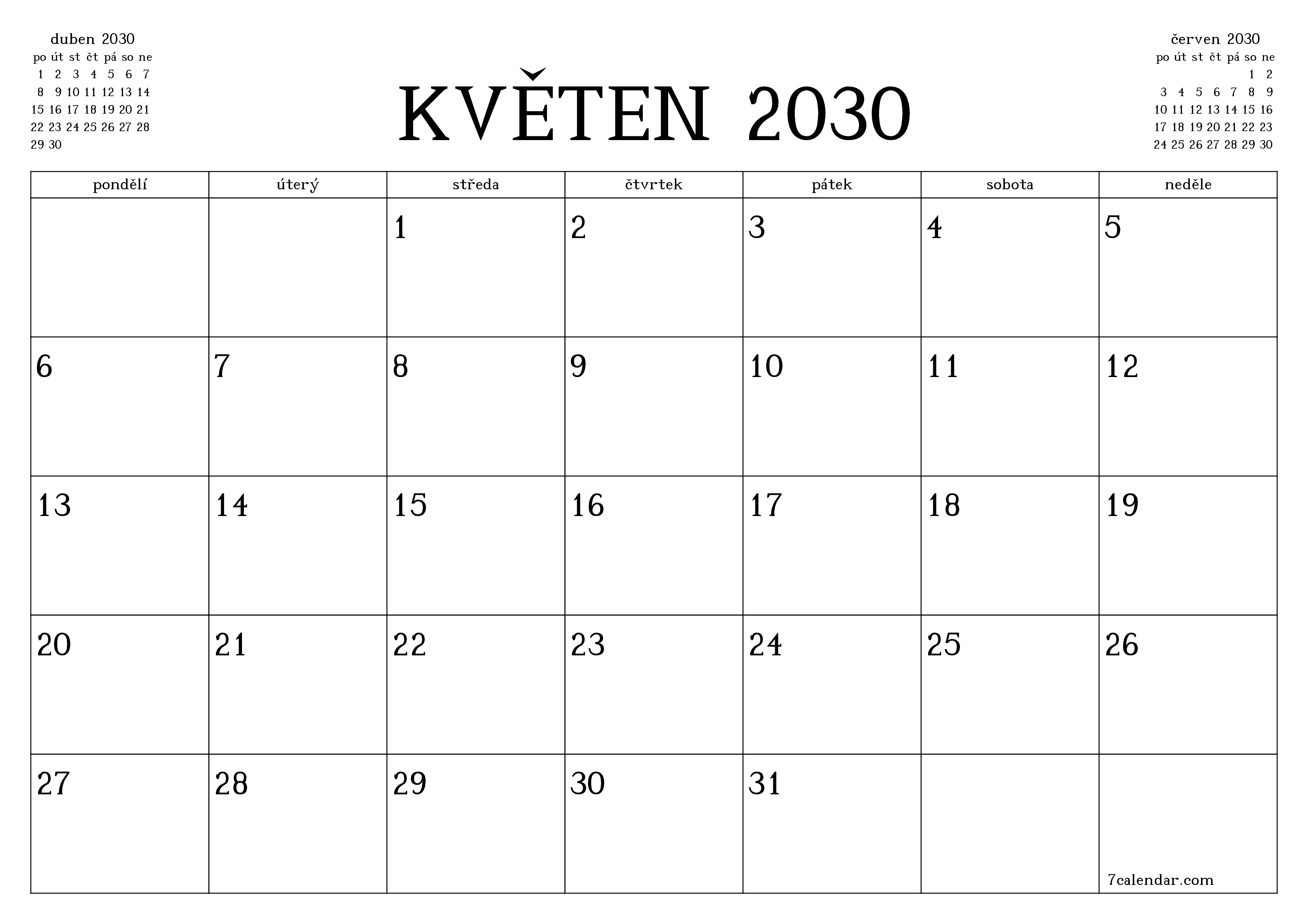 Vyprázdnit měsíční plánovač na měsíc květen 2030 s poznámkami, uložit a vytisknout do PDF PNG Czech