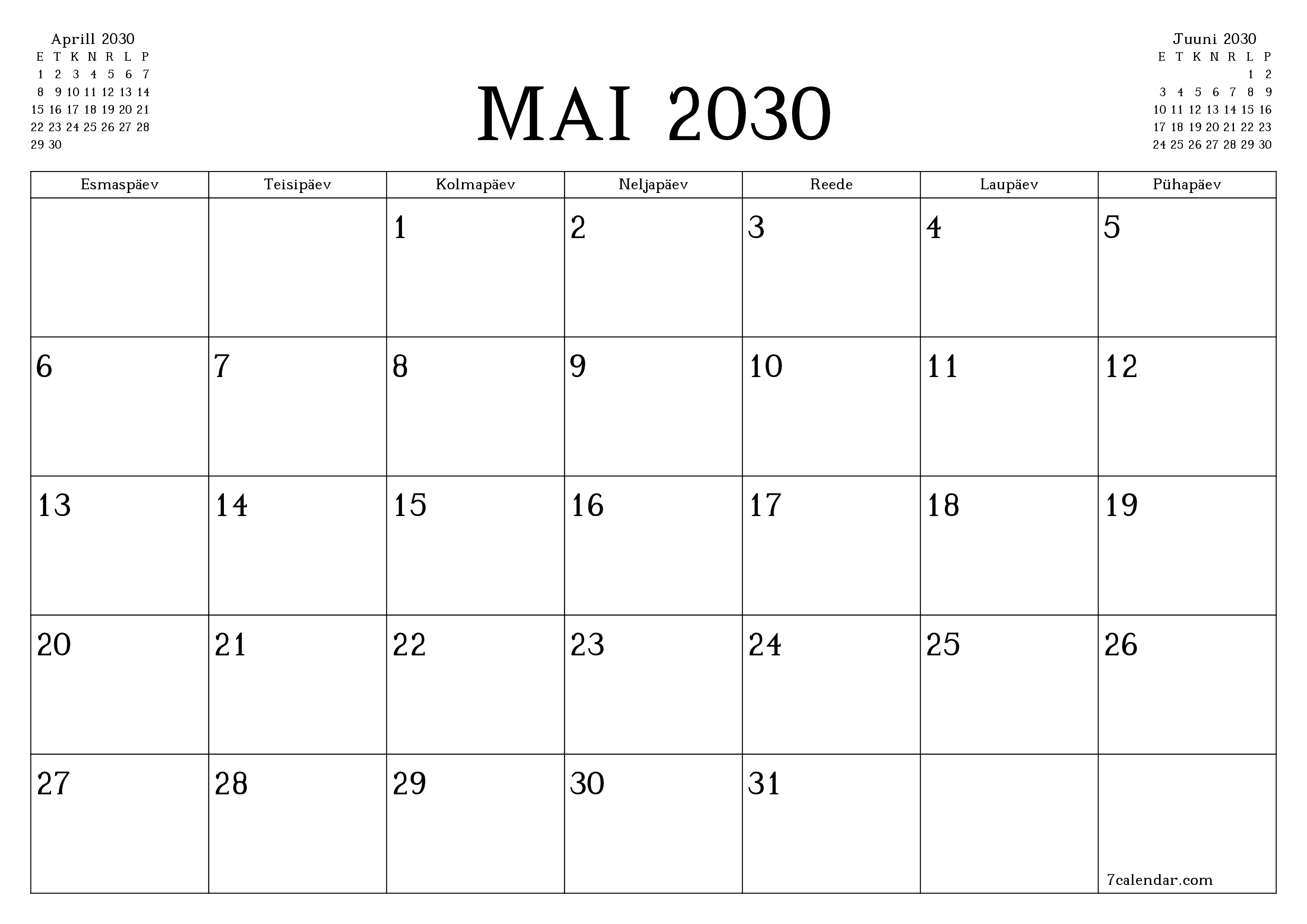 Tühjendage kuu Mai 2030 kuuplaneerija märkmetega, salvestage ja printige PDF-i PNG Estonian