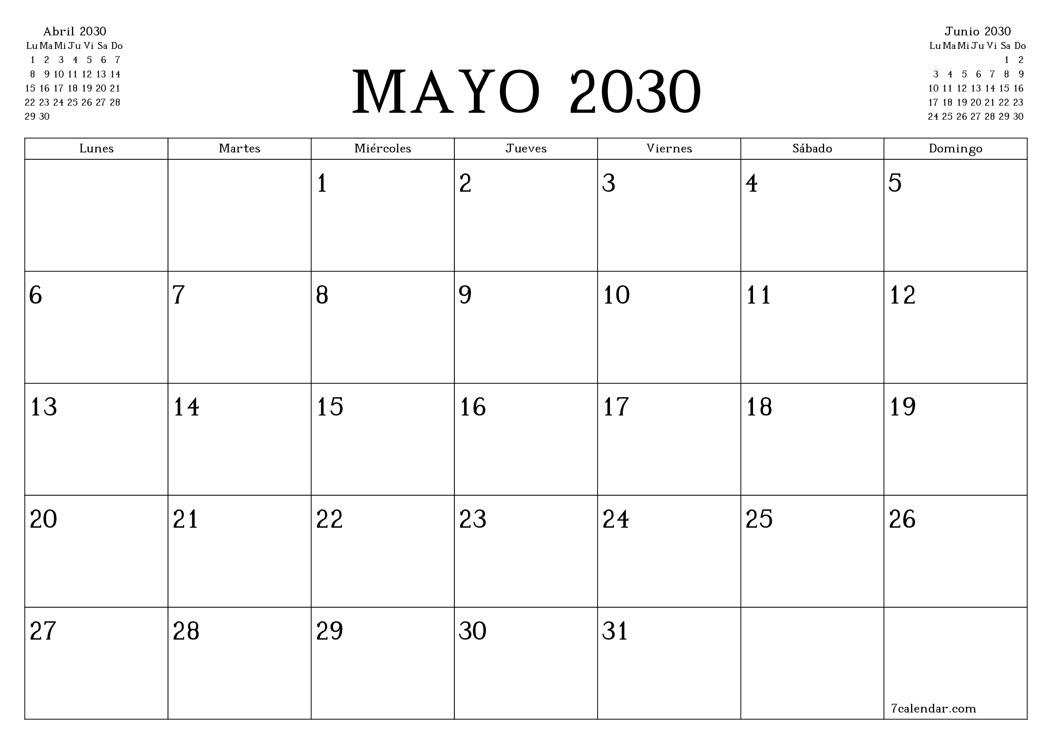 Planificador mensual vacío para el mes Mayo 2030 con notas, guardar e imprimir en PDF PNG Spanish
