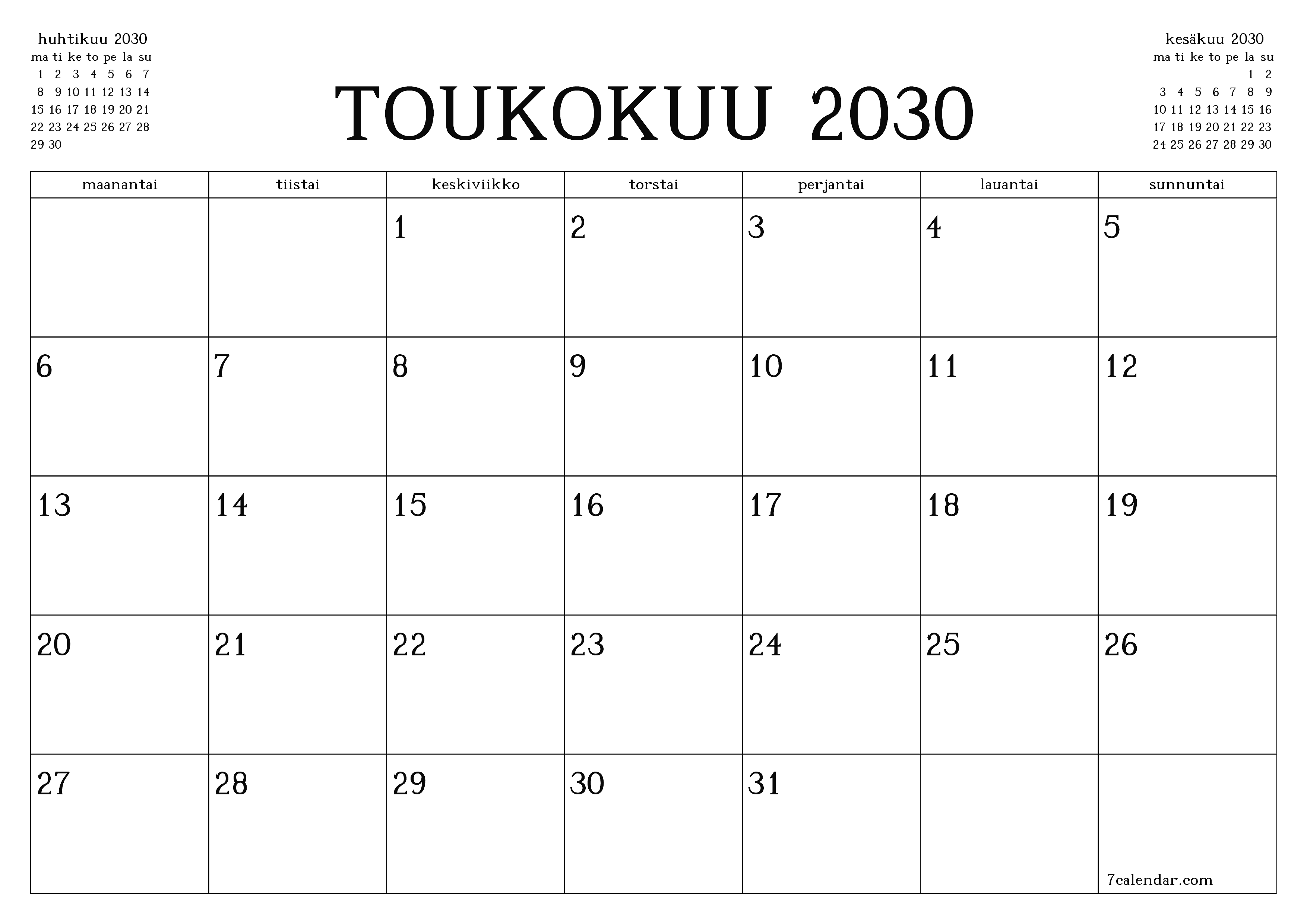 Tyhjennä kuukausittainen suunnittelija kuukaudelle Toukokuu 2030 muistiinpanoilla, tallenna ja tulosta PDF-muotoon PNG Finnish