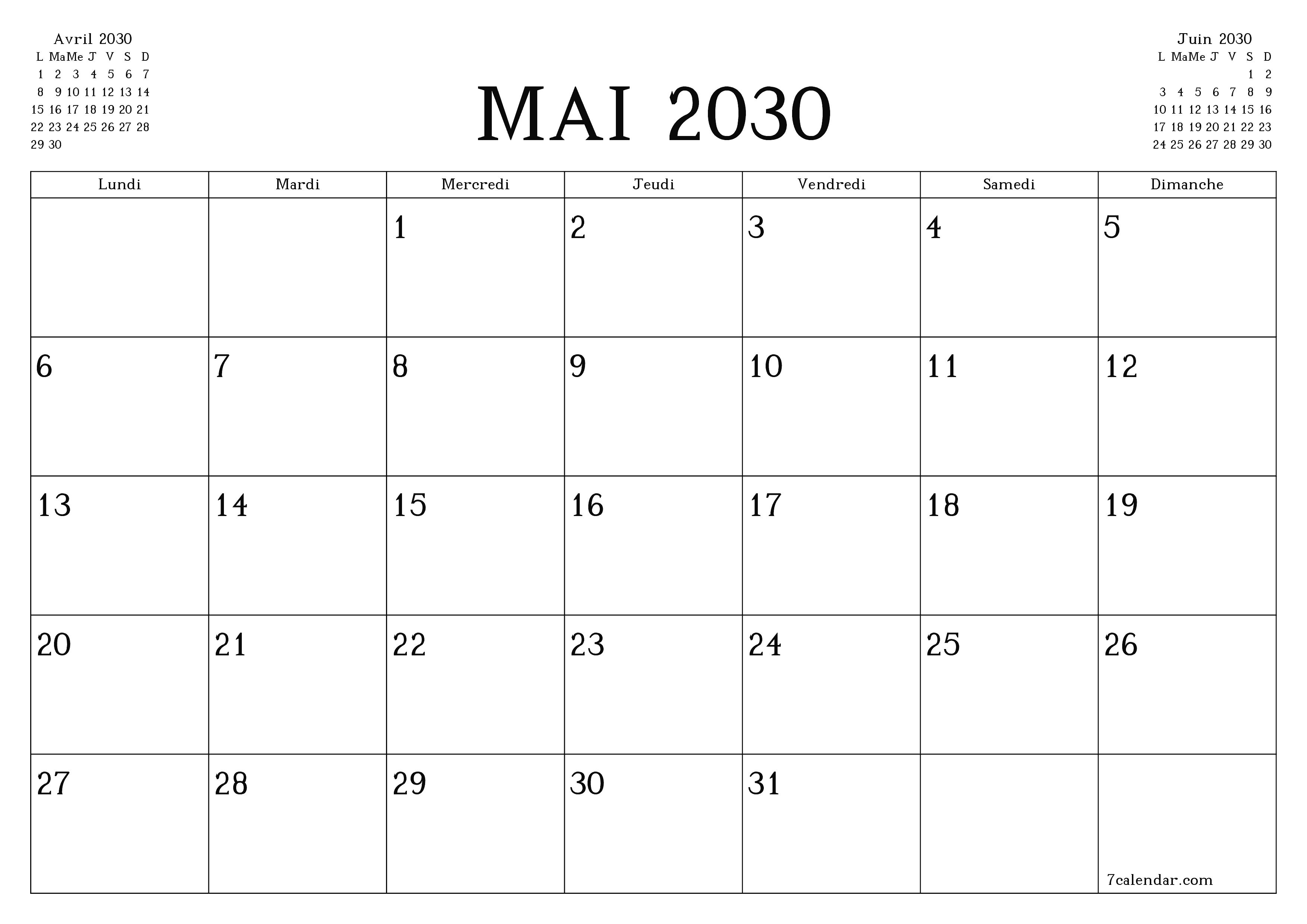 Agenda mensuel vide pour le mois Mai 2030 avec notes, enregistrez et imprimez au format PDF PNG French