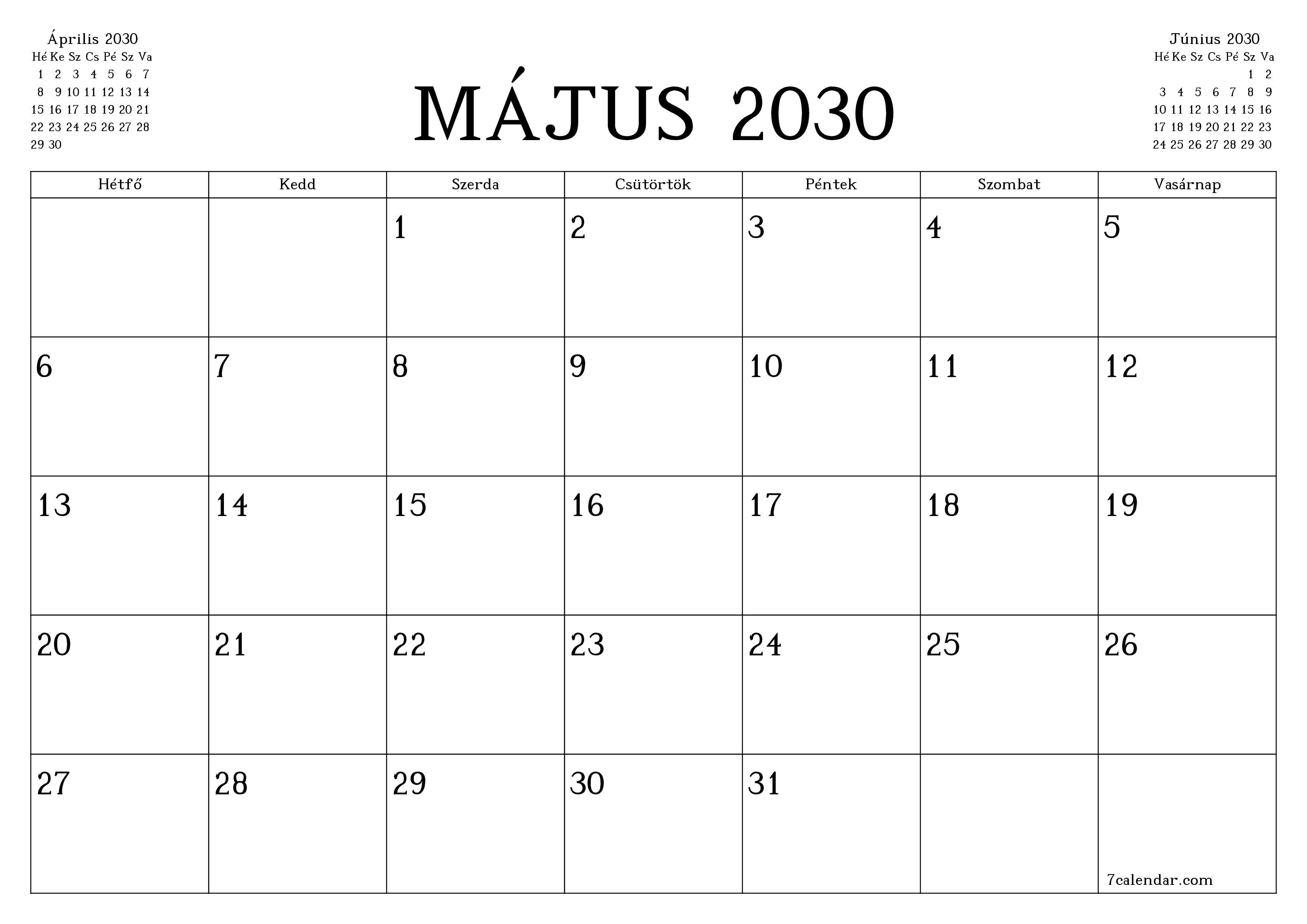 Üres havi tervező a Május 2030 hónapra jegyzetekkel, mentés és nyomtatás PDF-be PNG Hungarian