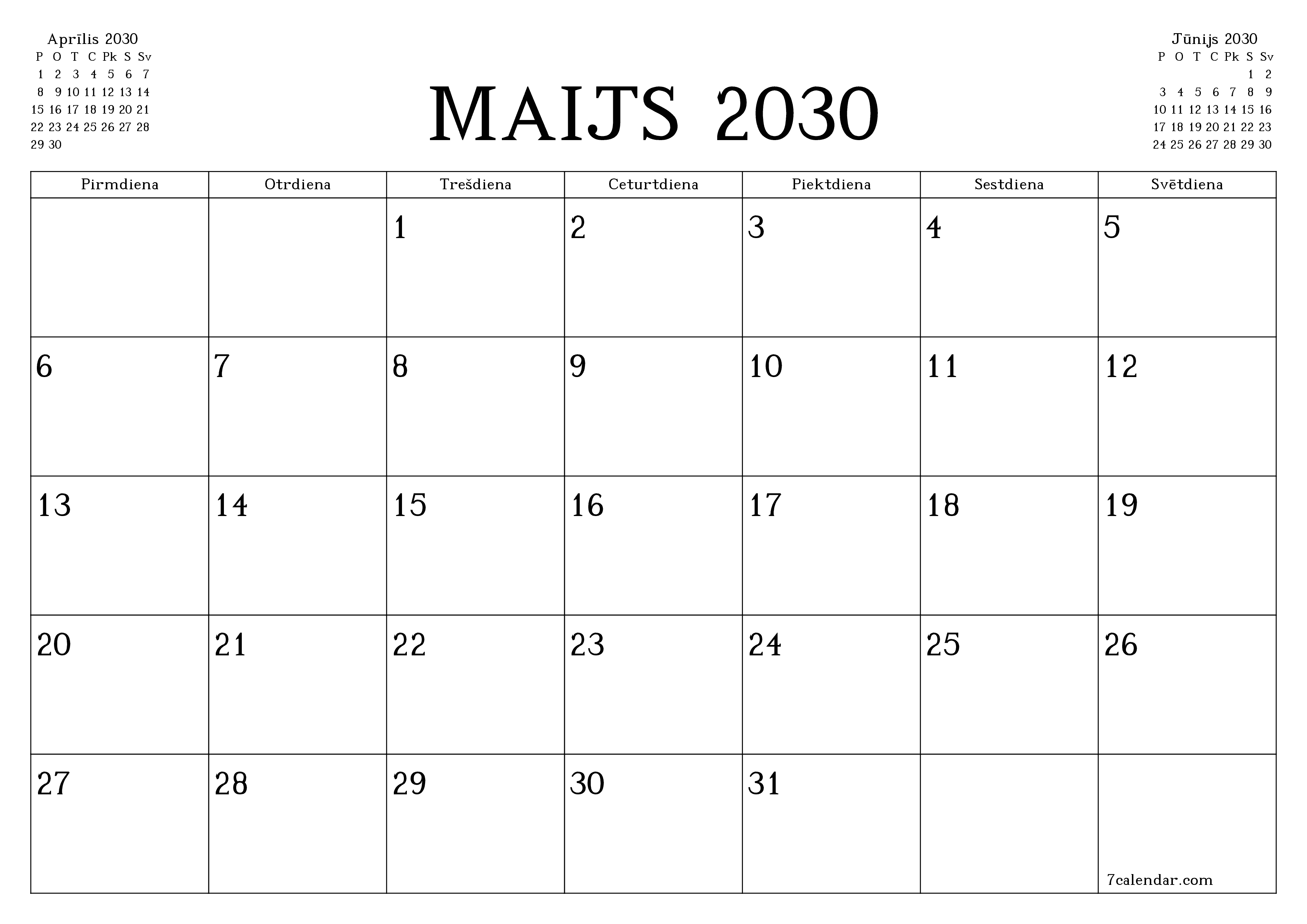 Iztukšot mēneša plānotāju mēnesim Maijs 2030 ar piezīmēm, saglabāt un izdrukāt PDF formātā PNG Latvian