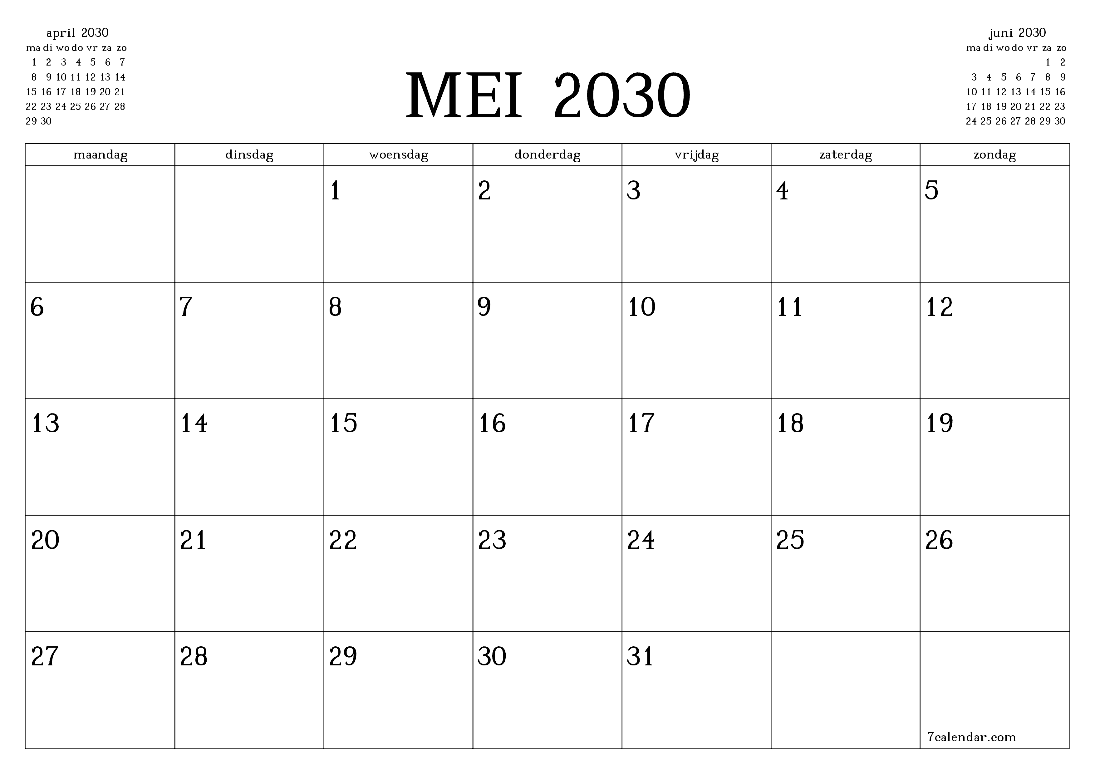 Lege maandplanner voor maand mei 2030 met notities, opslaan en afdrukken naar pdf PNG Dutch