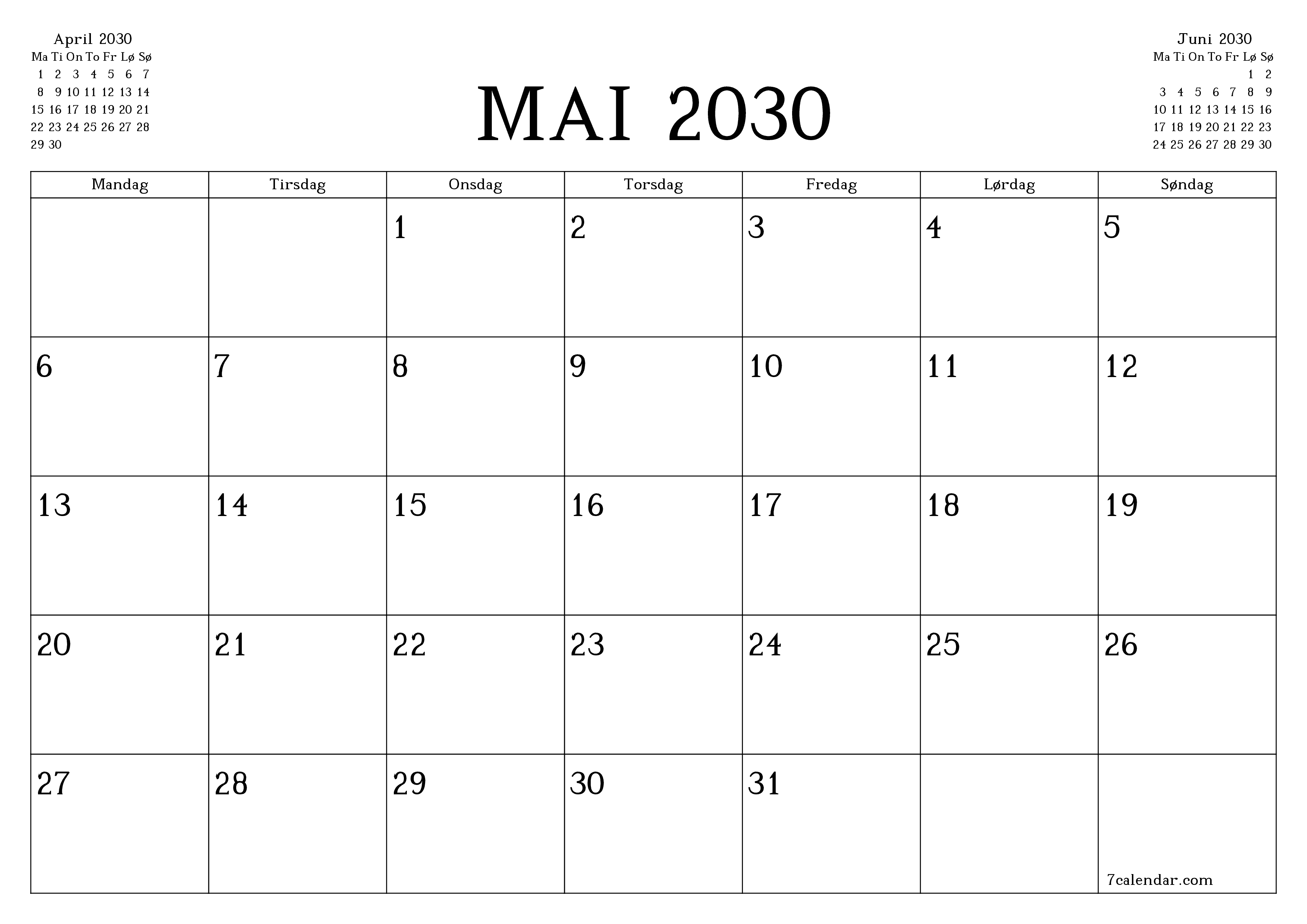 Tom månedlig planlegger for måned Mai 2030 med notater, lagre og skriv ut til PDF PNG Norwegian