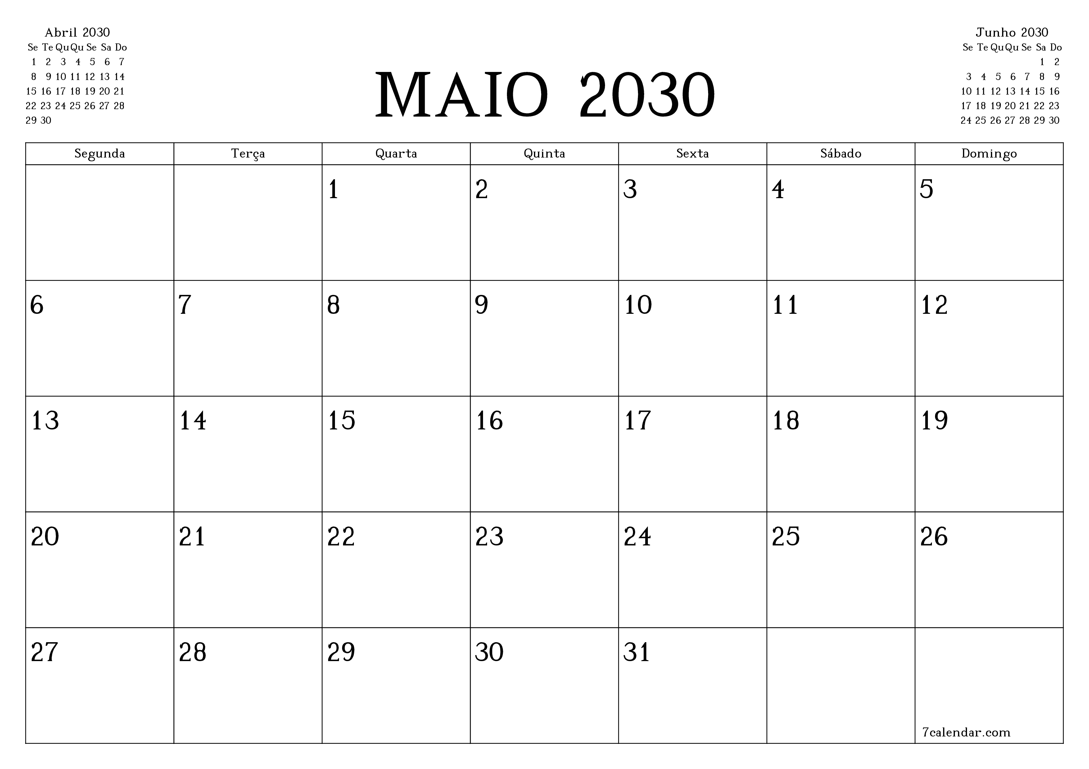 Esvazie o planejador mensal para o mês Maio 2030 com notas, salve e imprima em PDF PNG Portuguese