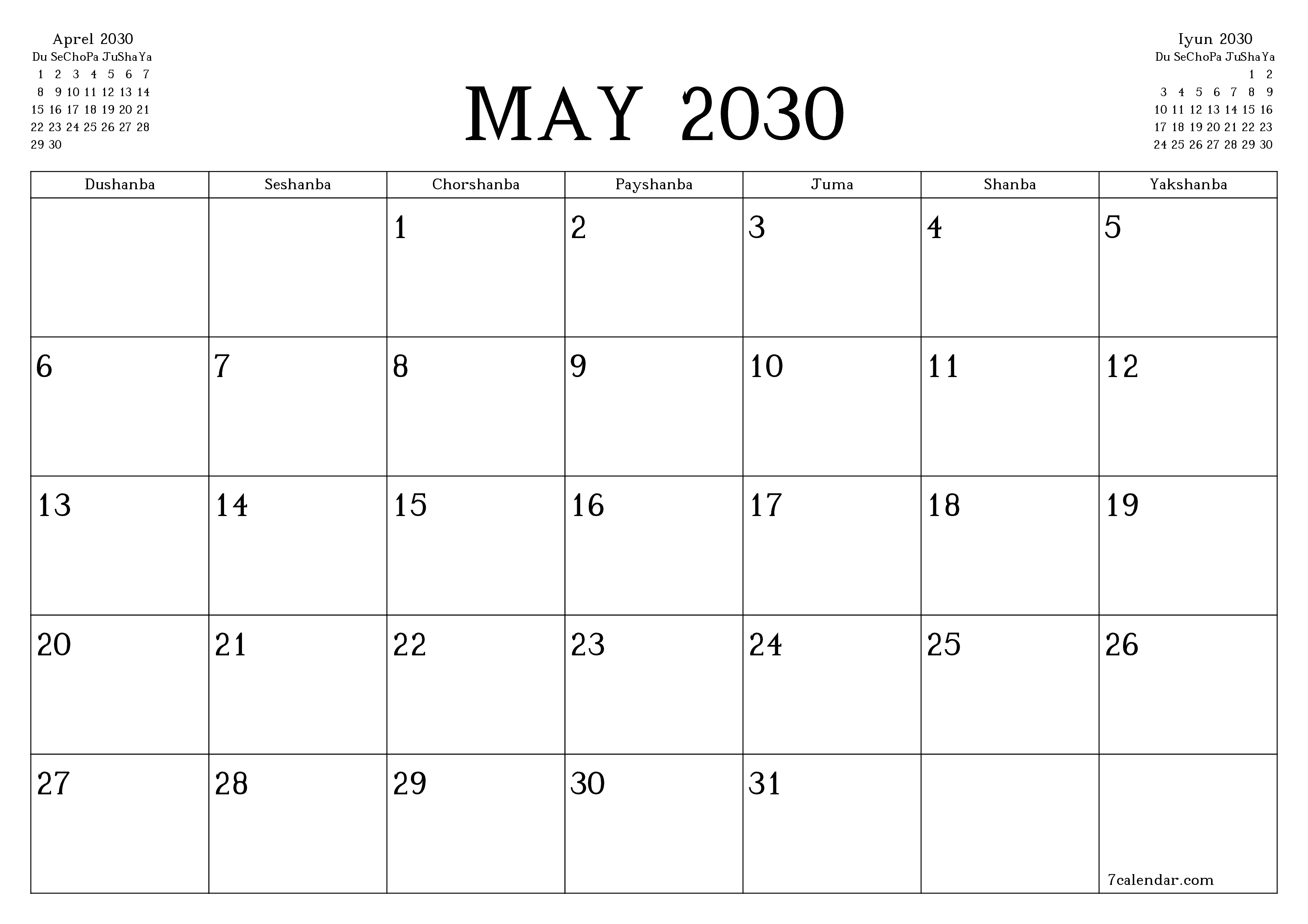 May 2030 oylik oylik rejalashtiruvchini yozuvlar bilan bo'shatish, saqlash va PDF-ga chop etish PNG Uzbek