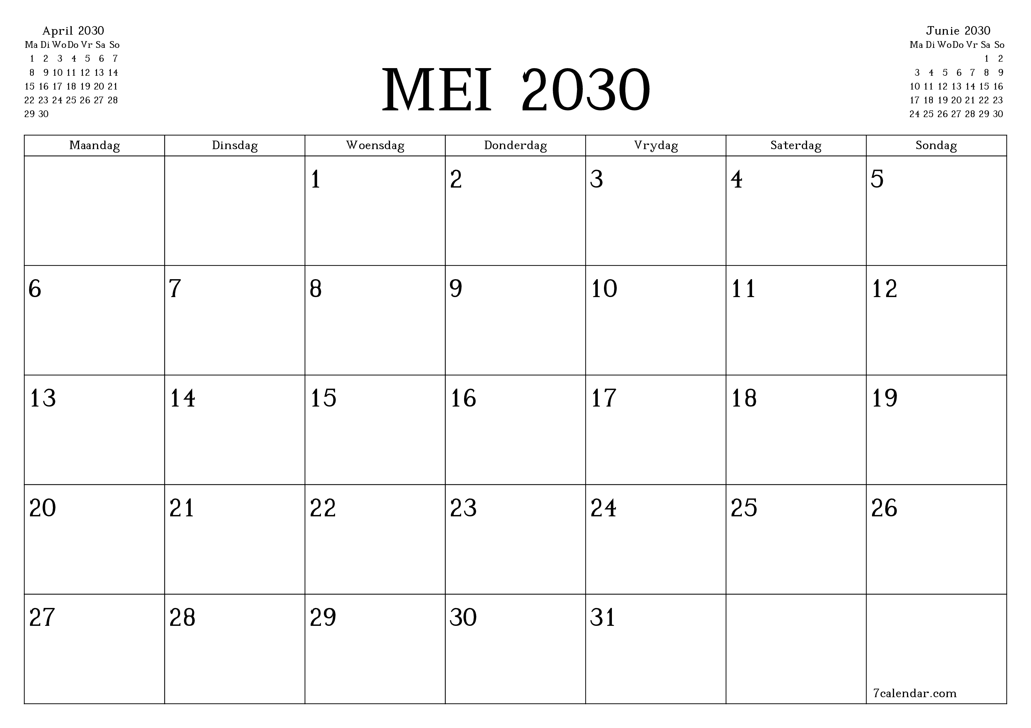 Leë maandelikse drukbare kalender en beplanner vir maand Mei 2030 met notas stoor en druk na PDF PNG Afrikaans