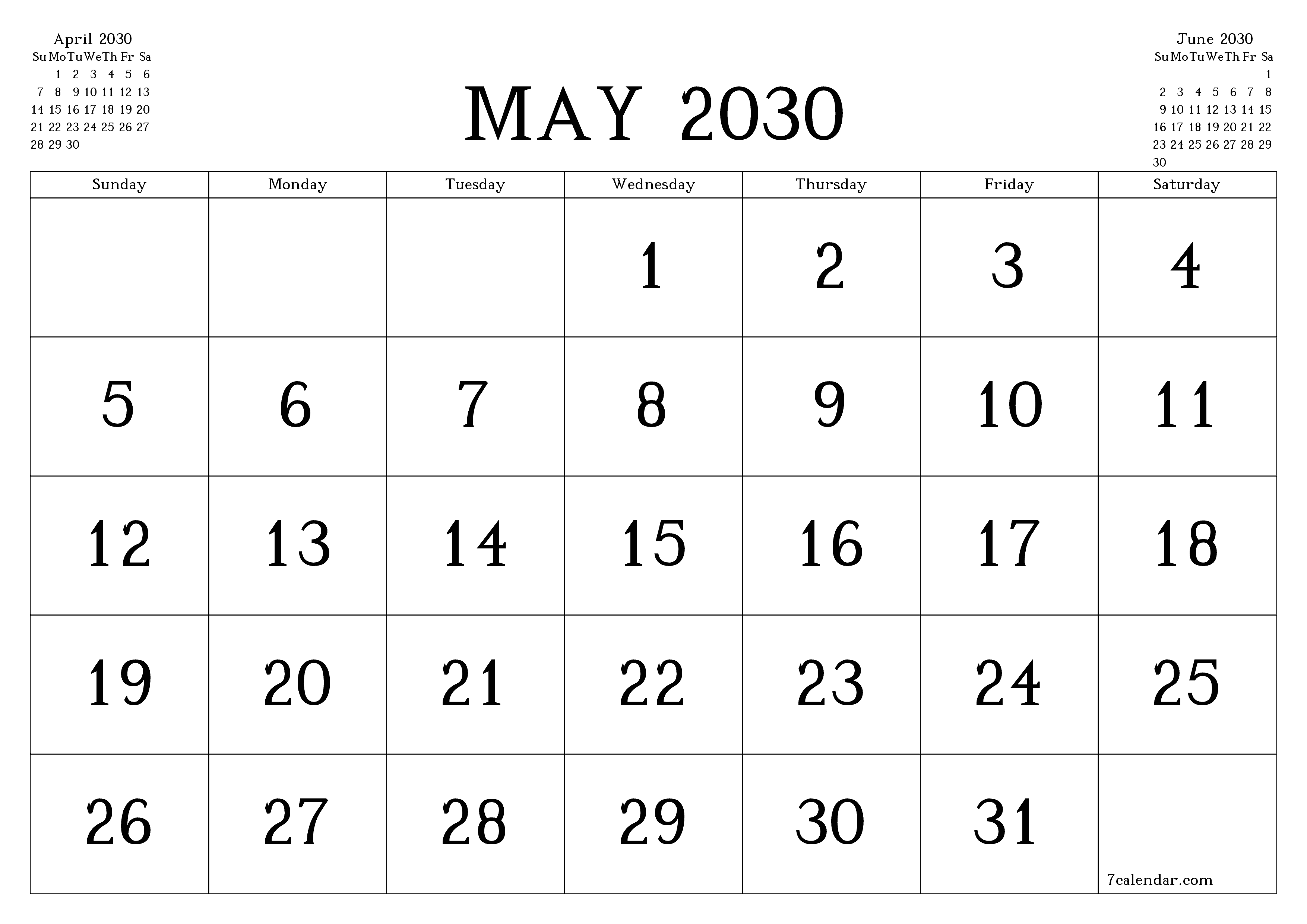 Blank calendar May 2030