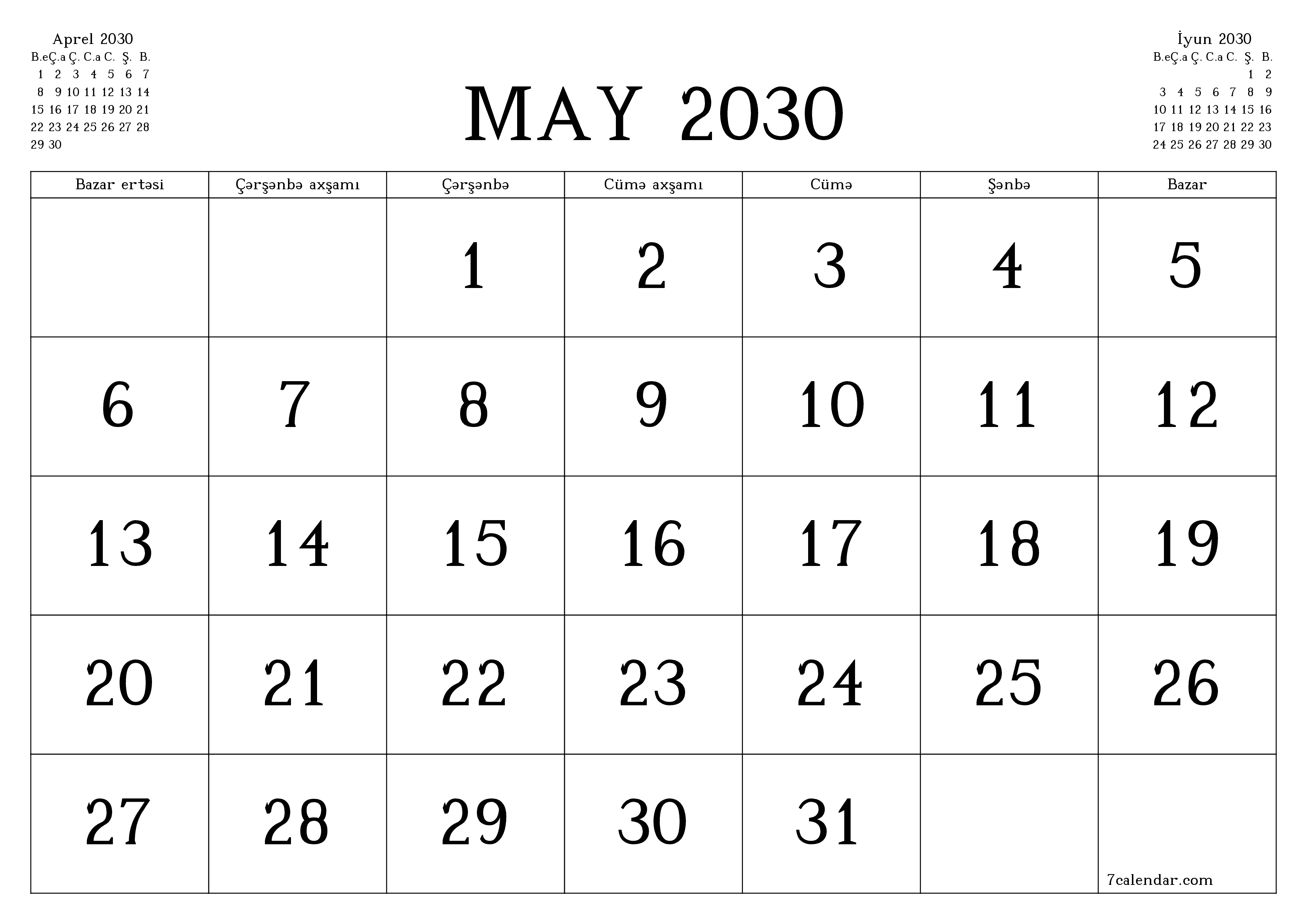 May 2030 ayı üçün qeydlər ilə boş aylıq planlayıcı, qeyd edin və PDF-ə yazdırın PNG Azerbaijani